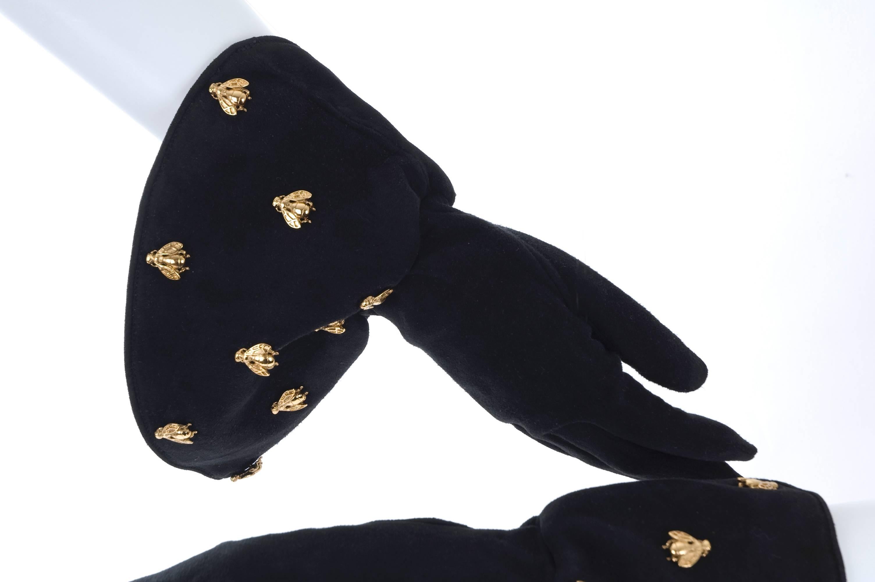 Vintage Christian Dior Boutique Black Suede Gloves Embelished with  Bee's For Sale 4