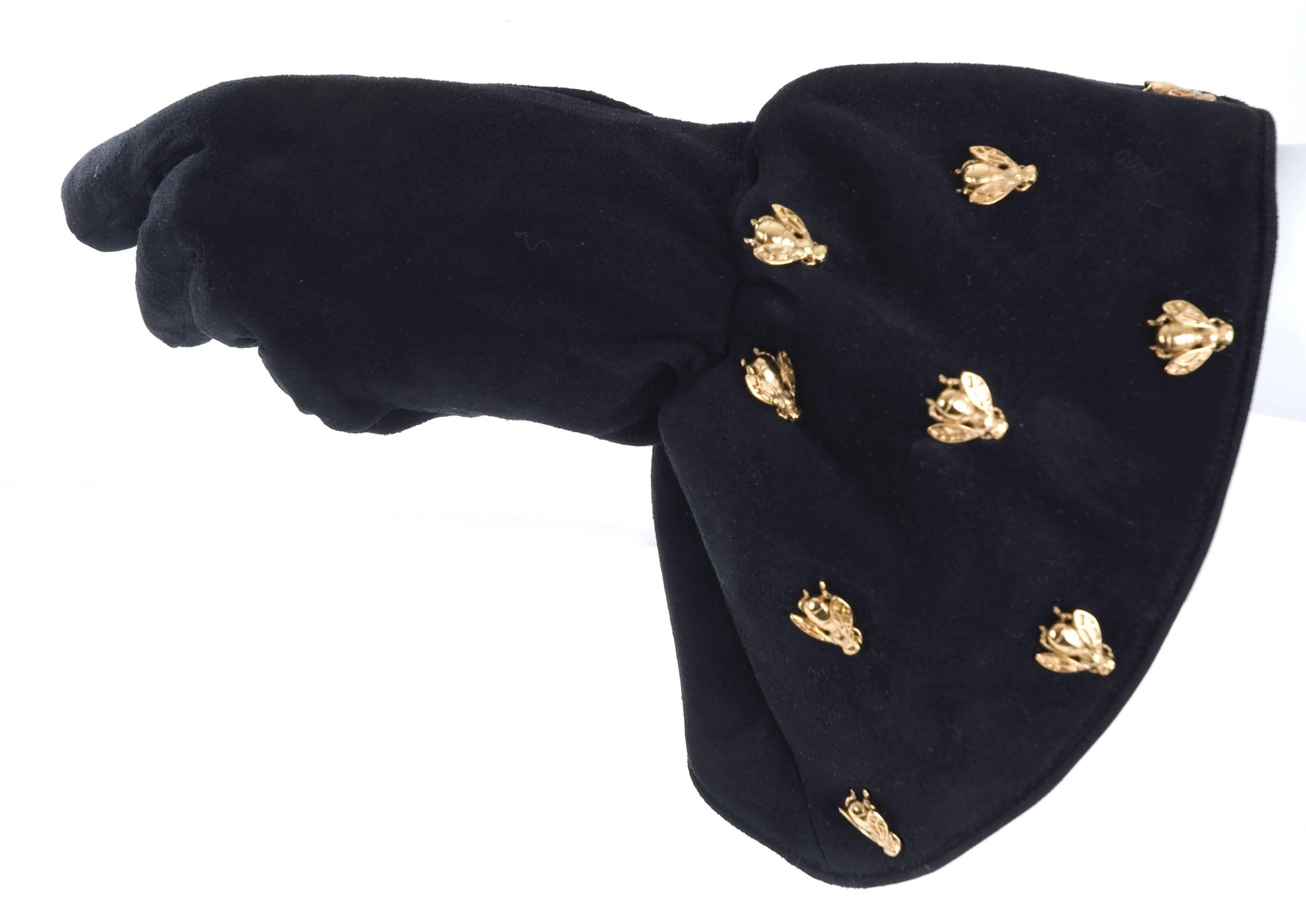 Vintage Christian Dior Boutique Black Suede Gloves Embelished with  Bee's For Sale 5