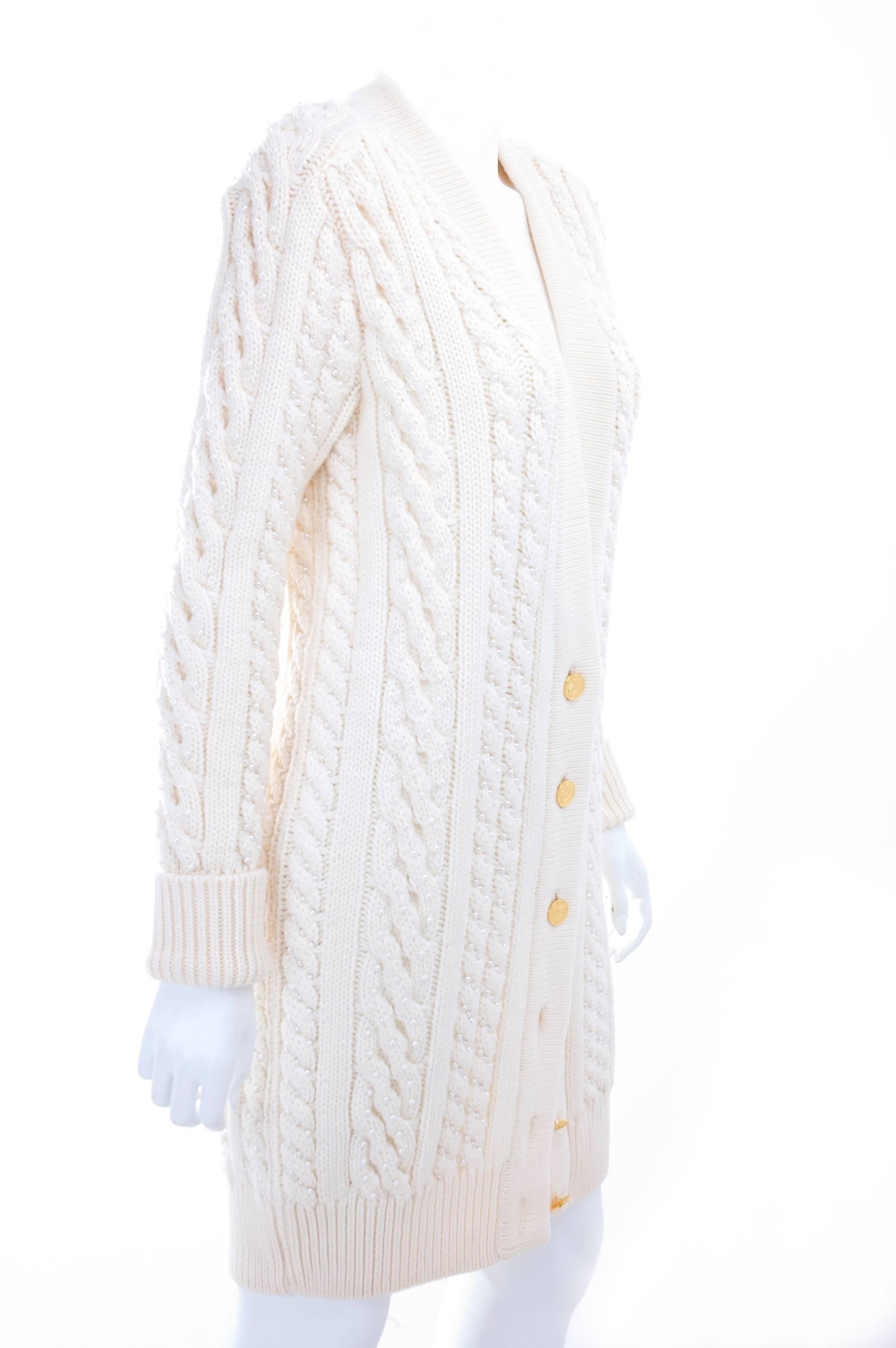 Gray Vintage CHANEL Pearl Encrusted Cable Knit Cardigan in Creme sz.Large For Sale