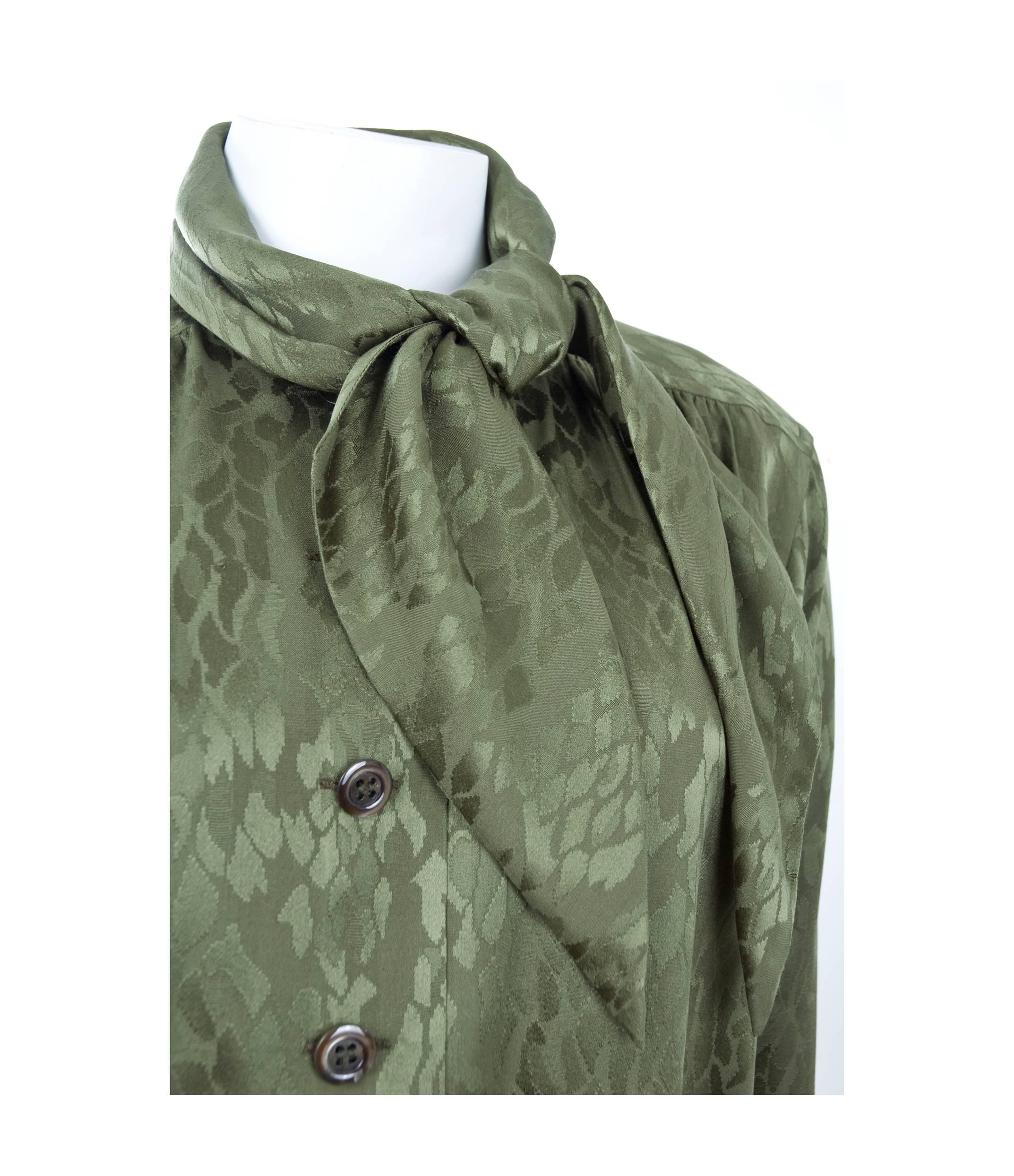 80s Vintage YVES SAINT LAURENT Green Silk Jacquard Blouse with Tie Neckline  For Sale 1