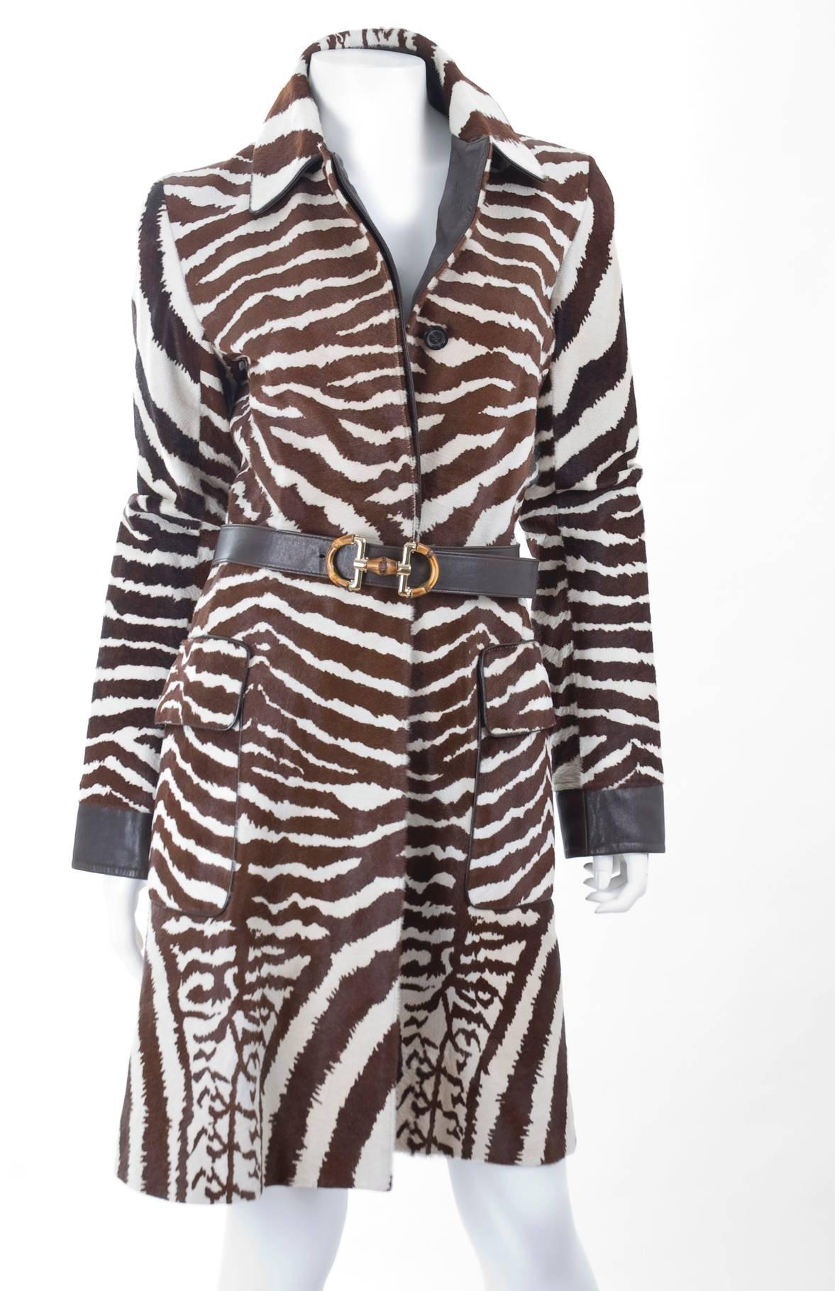 Gucci Zebra Calf Hair Coat with Brown Leather Trim In Excellent Condition In Hamburg, Deutschland
