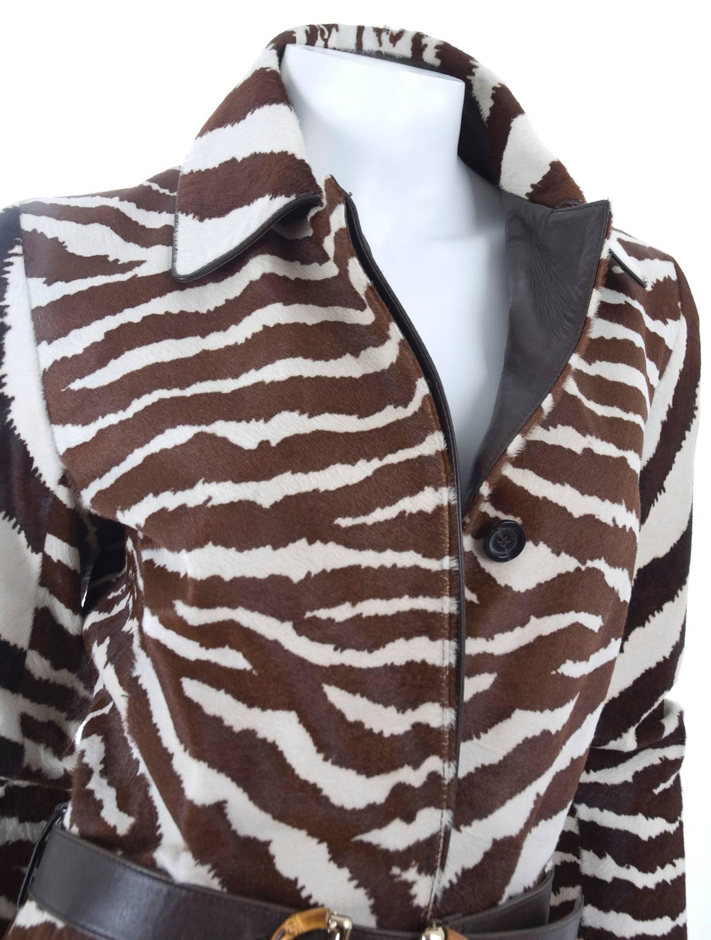 Women's Gucci Zebra Calf Hair Coat with Brown Leather Trim