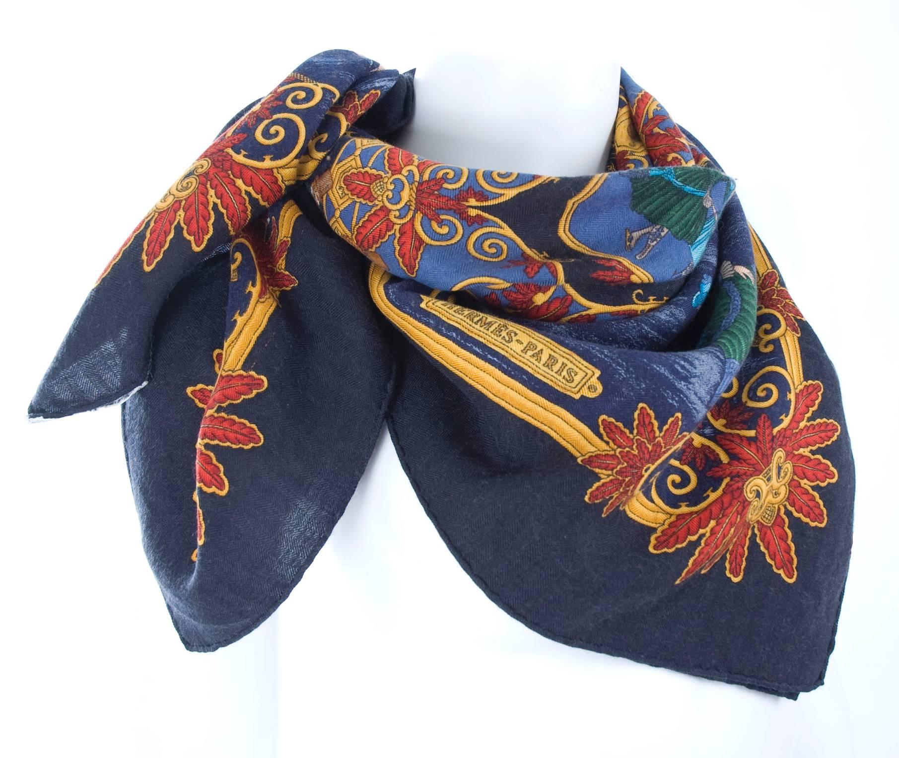 Vintage Hermes Scarf Joies D'Hiver Navy Border.
Classic Joies D'Hiver was designed by Joachim Metz and first issued in 1992.  One of the most popular Hermès scarves. 
The design depicts skaters in Victorian times having a joyous winter fun on a