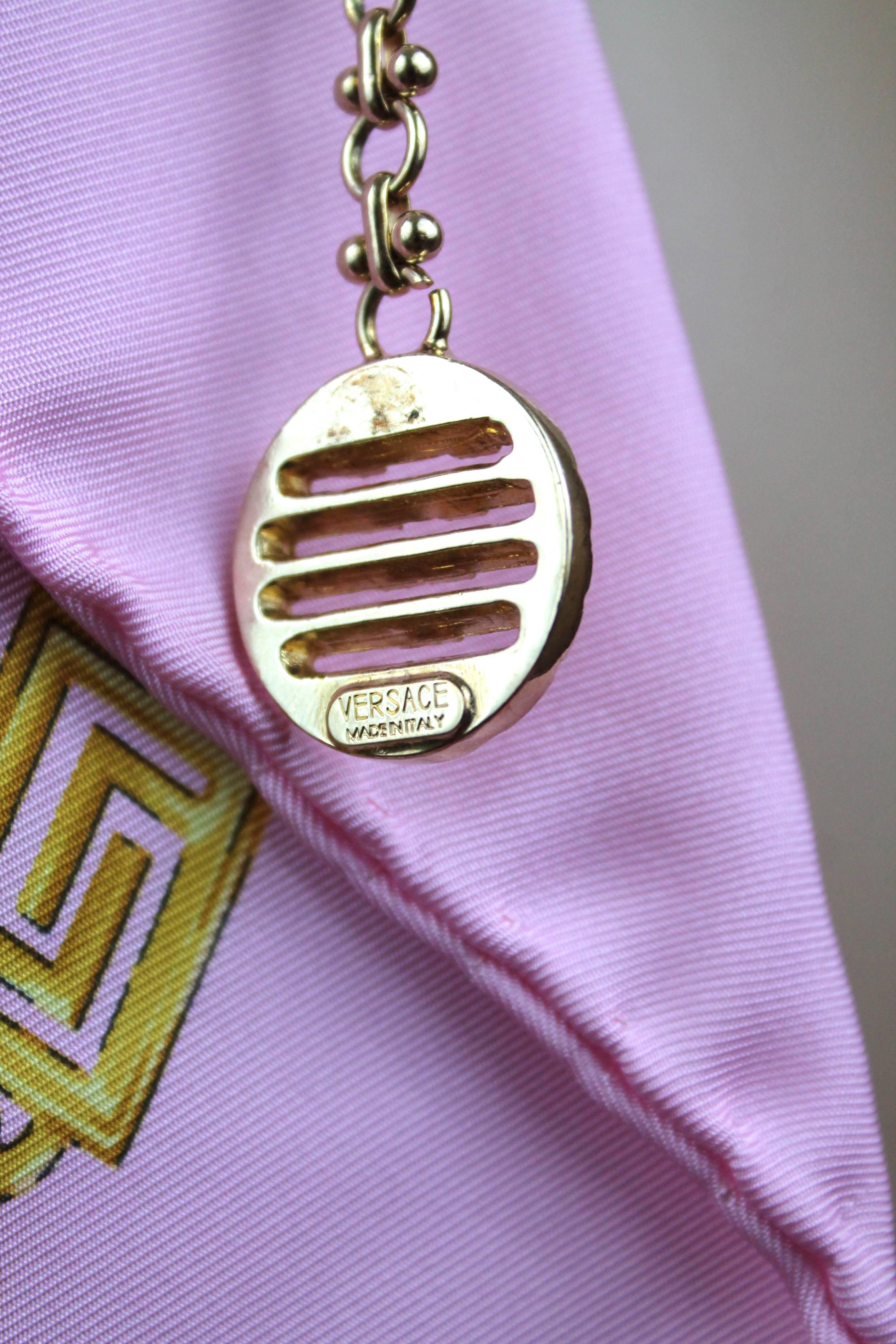 Versace Pink Silk Belt with Medusa Print & Gold Chain In Excellent Condition In Los Angeles, CA