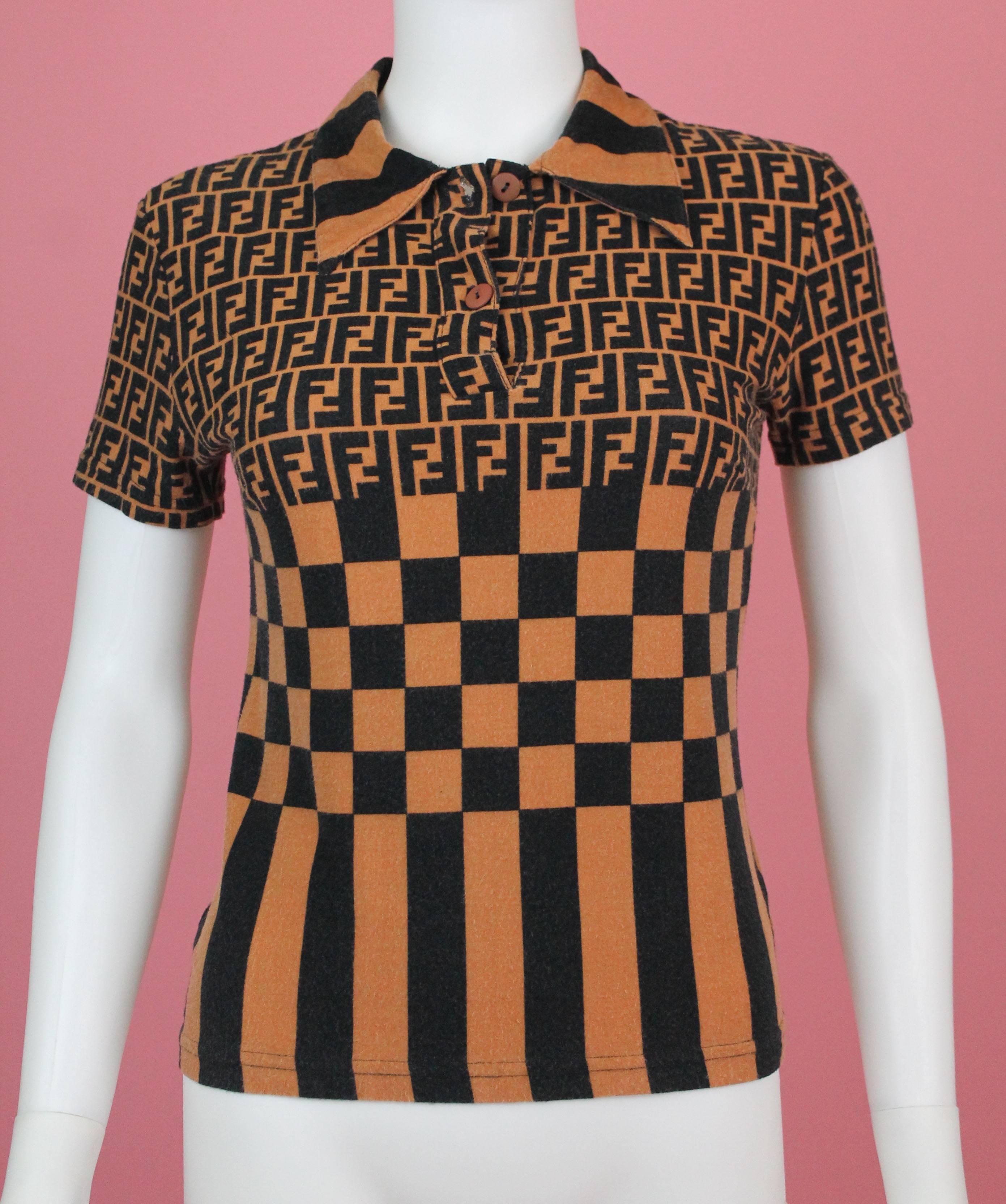 -Super soft and stretchy summer shirt from Fendi Mare
-Features iconic F monogram along with checker and striped print 
-Collared shirt with 2 buttons
-Made in Italy
-Sized 44 Italian / US 8 
-Great unisex piece, would fit a guy like a muscle