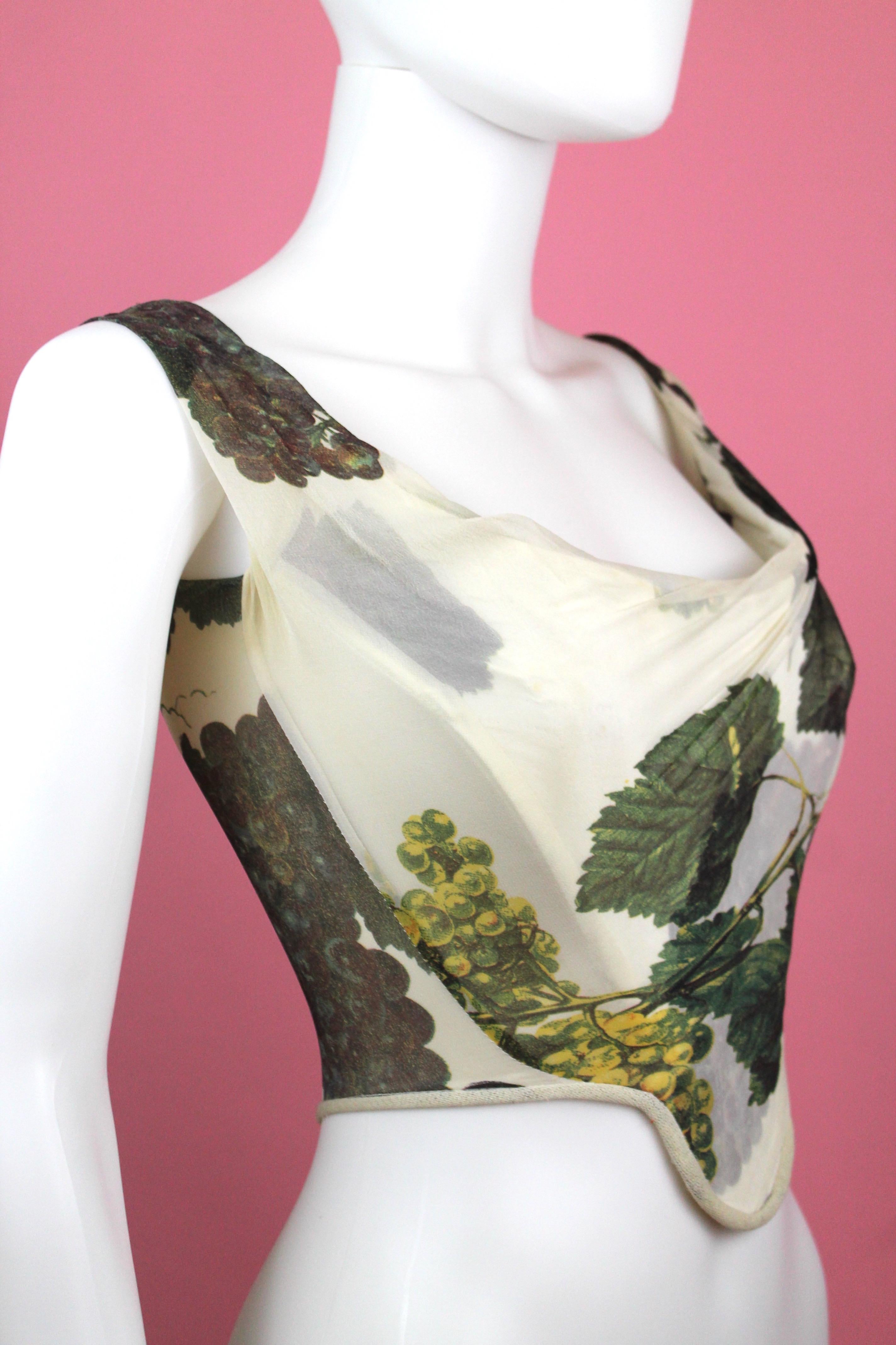 Gray Vivienne Westwood Silk Corset with Grape Leaf Print, SS 1997, Size US 4