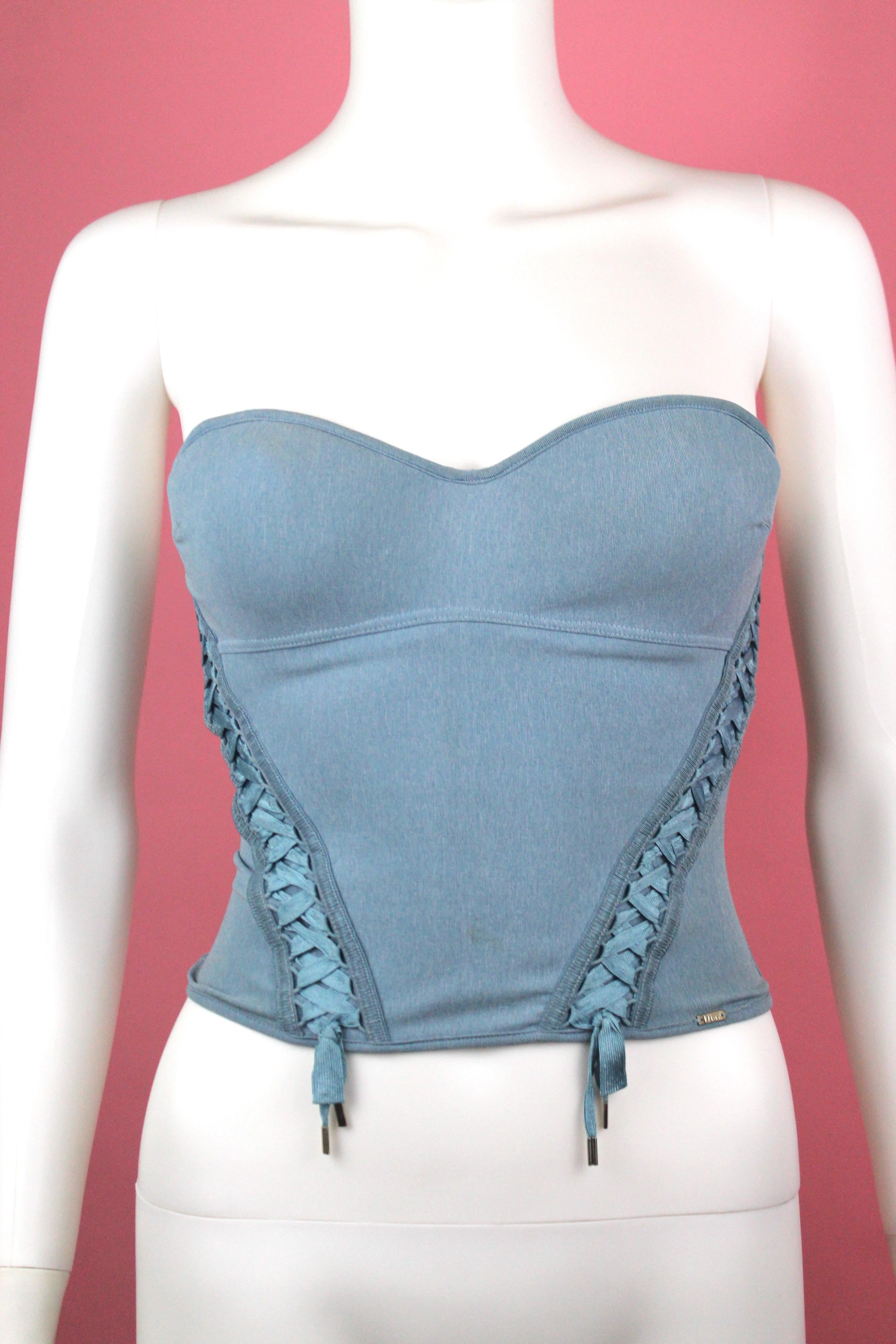 Christian Dior Light Blue Bustier with Lace Up Detail, c. 2000's, Size US 2 1