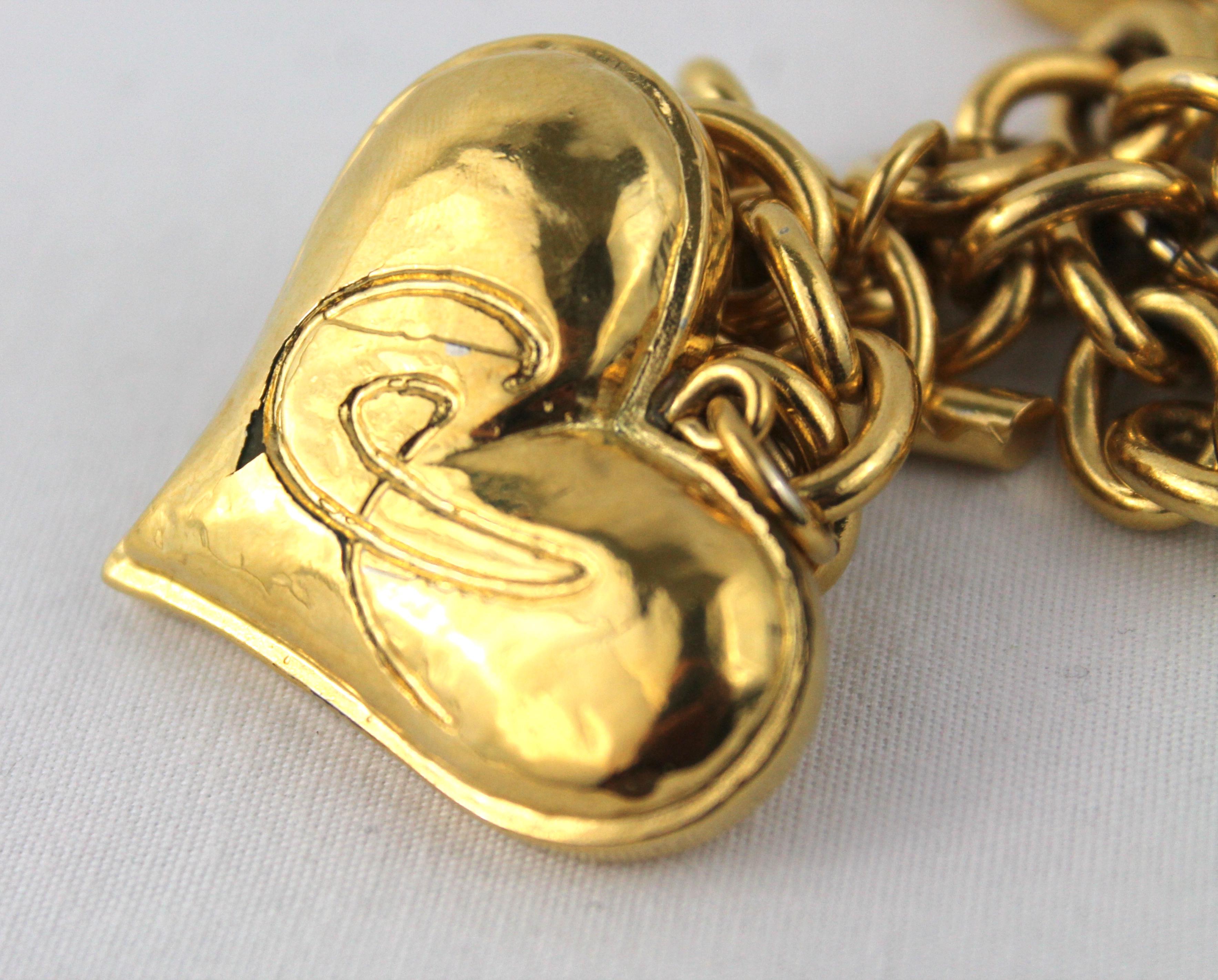 Christian Lacroix Heart Charm Bracelet, 24k Gold Plated, c. 1990's In Fair Condition In Los Angeles, CA