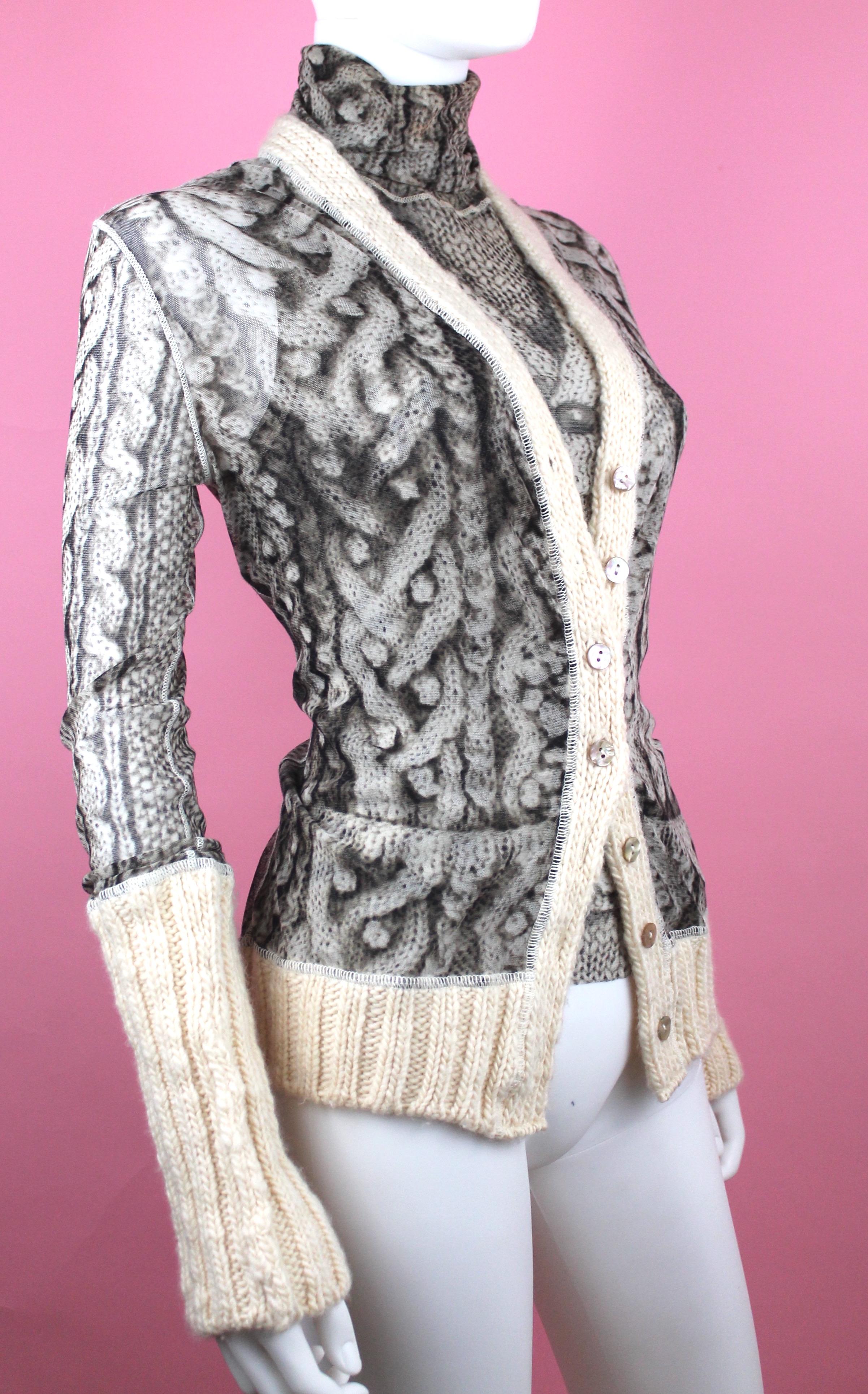 -Listing is for the cardigan AND the turtleneck vest 
-Mother of pearl buttons
-Made in Italy
-Chunky wool cuffs and borders, stretchy poly body 
-Excellent condition
-Semi sheer

Approx. Measurements
-Sized XL, fits more like L 
-Very stretchy