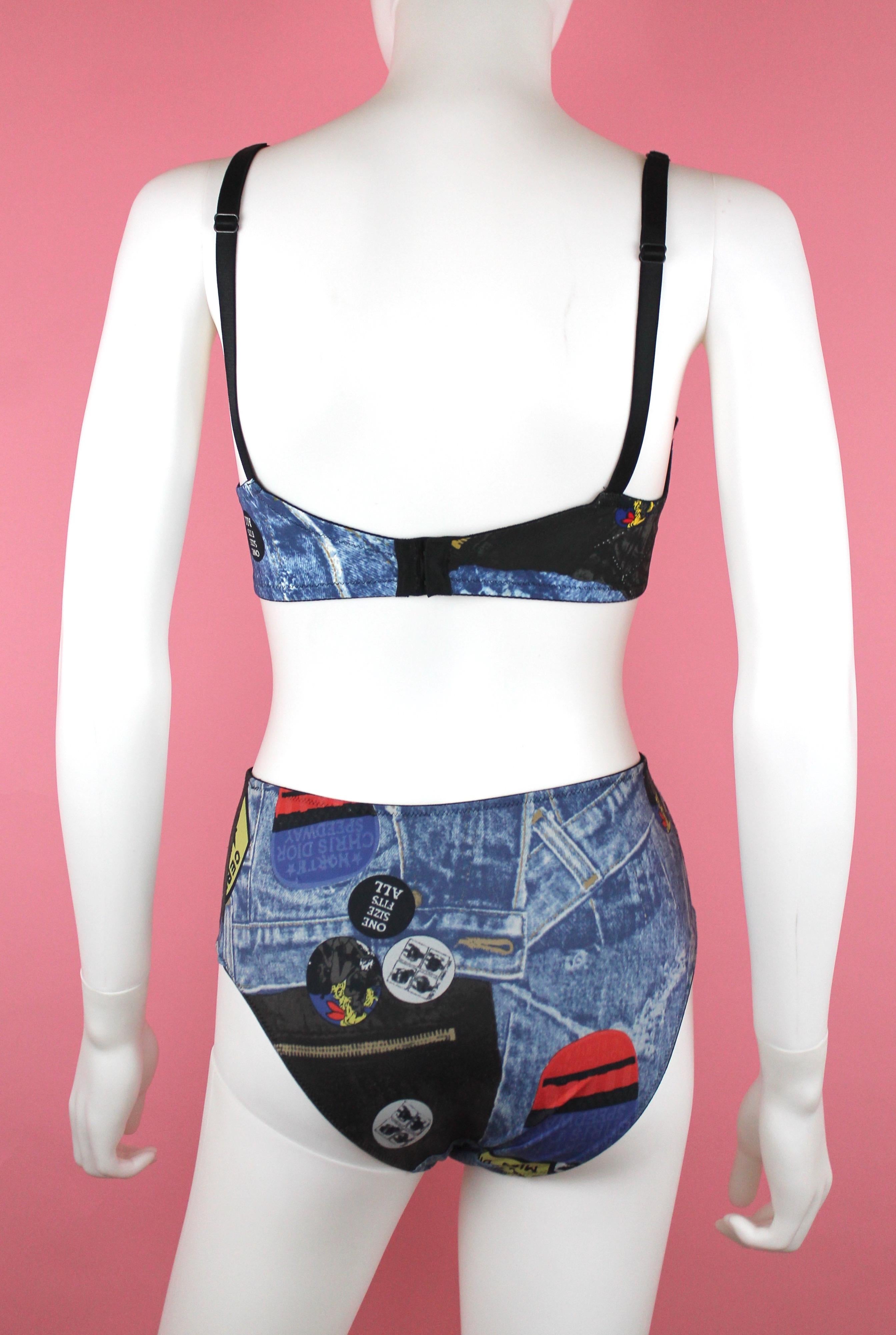 -Rare set from Dior Miss Diorella collection, from Galliano era 
-Features denim trompe l'oeil print and slogans 
-Bottoms are high waisted 
-Could be worn as a lingerie set or bikini, material is swimsuit like. 
-Made in France
-100%