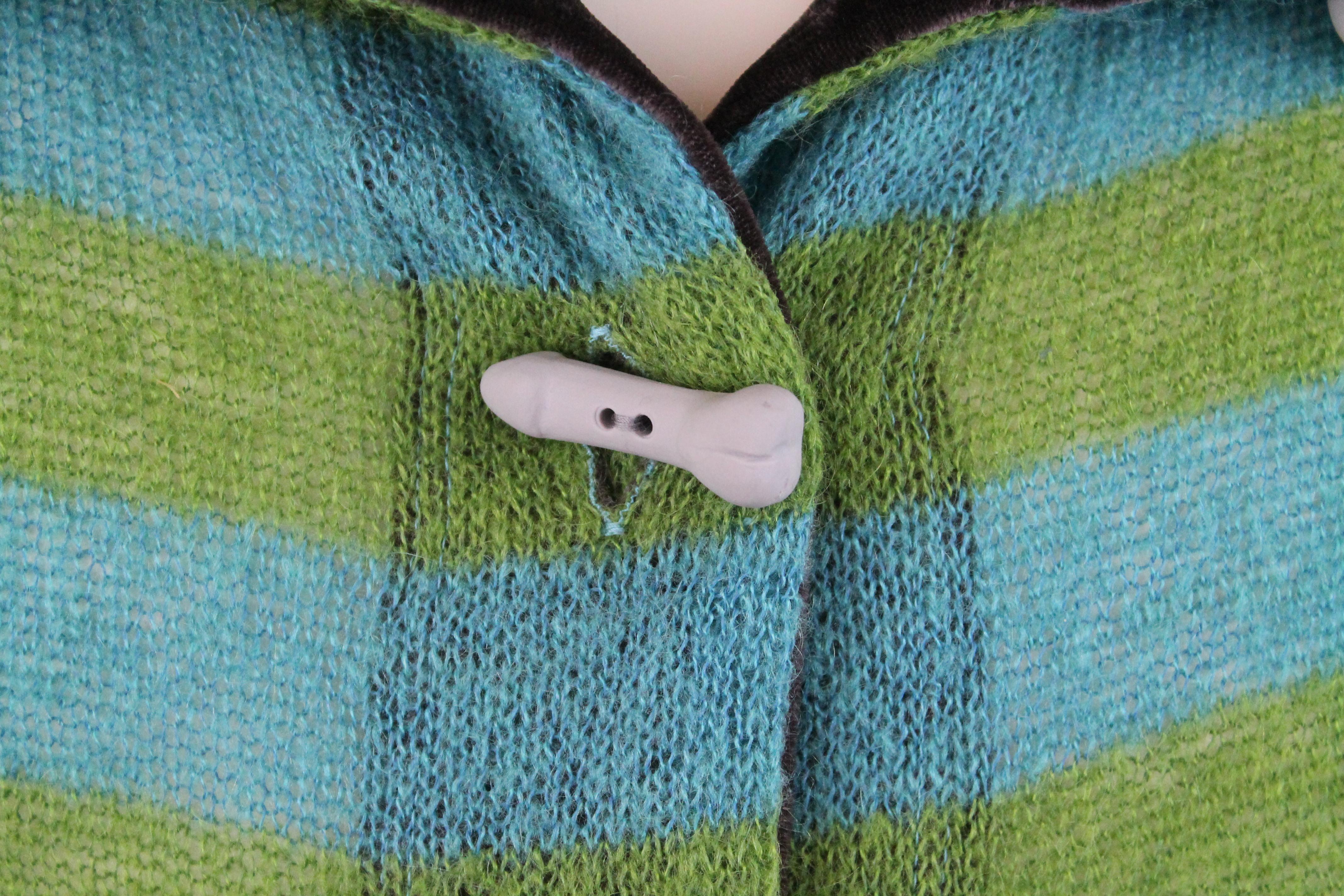 -Very unique cardigan from Vivienne Westwood Anglomania 
-Has penis toggle buttons and is made of velour and mohair. 
-Would be great as a unisex piece  
-Made in Italy

Approximate Measurements 
-Total length: 26