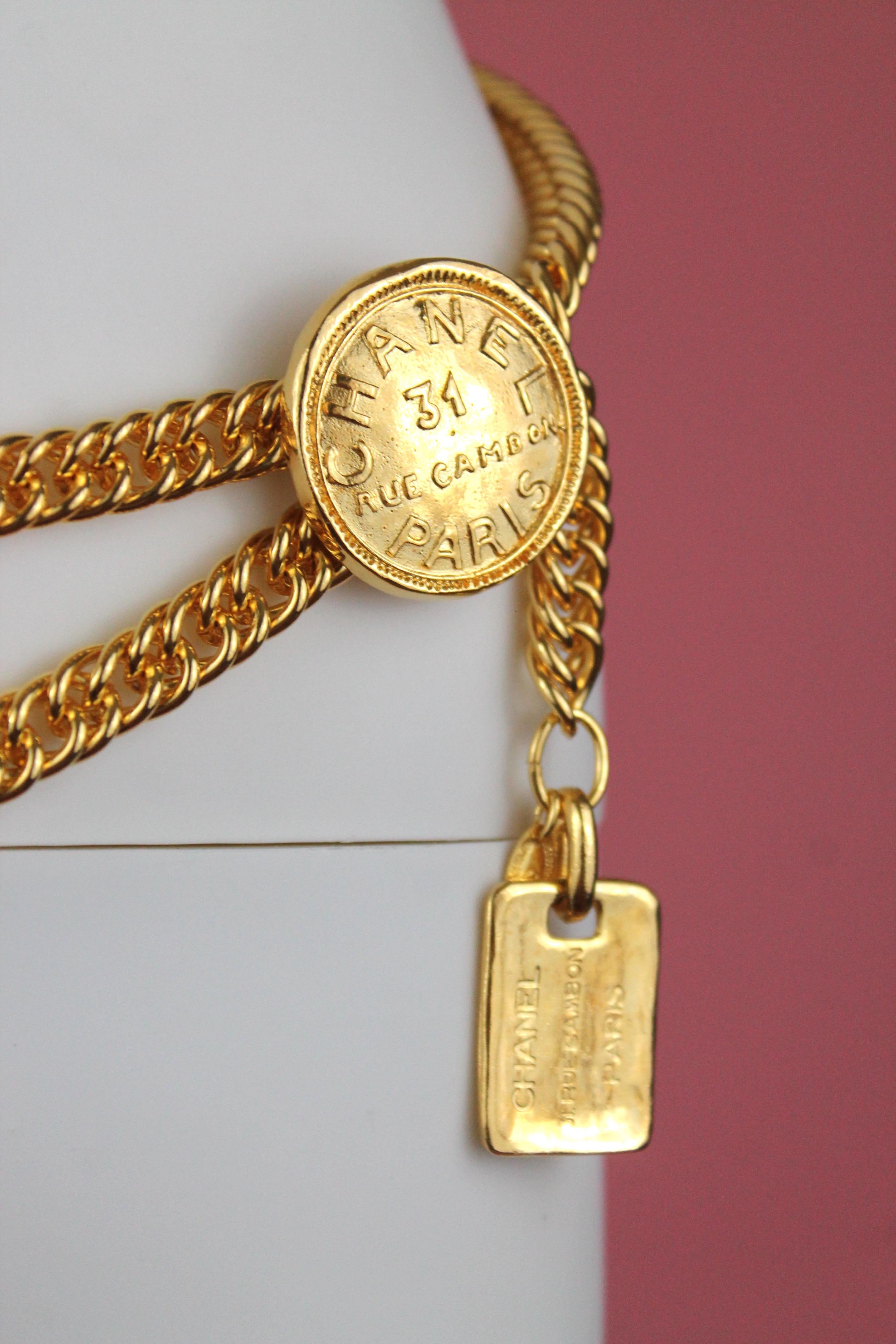 Chanel Gold Plated Chain Belt with Charm and Rue Cambon Medallions, c 1980s In Excellent Condition In Los Angeles, CA