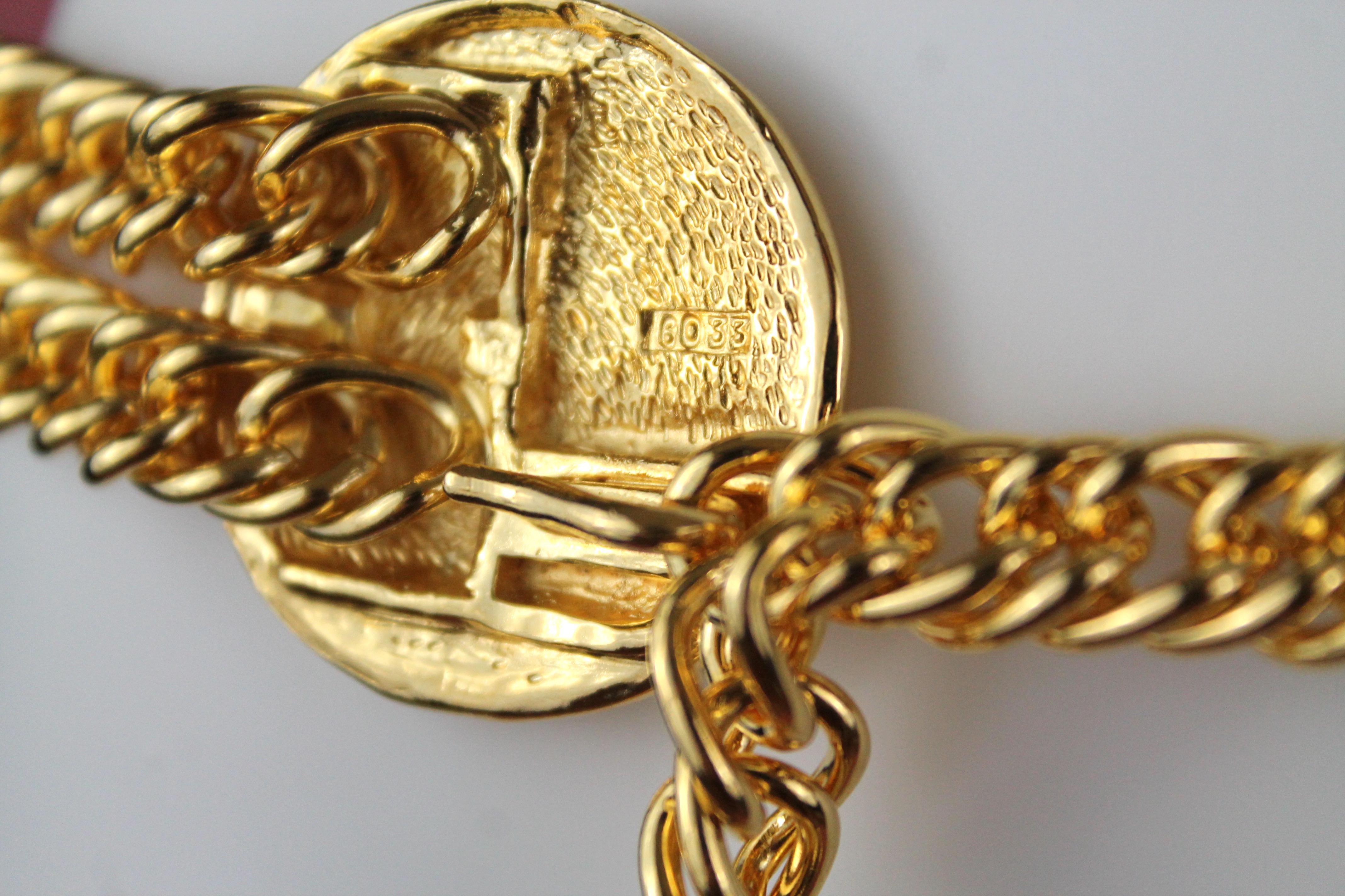 Women's or Men's Chanel Gold Plated Chain Belt with Charm and Rue Cambon Medallions, c 1980s