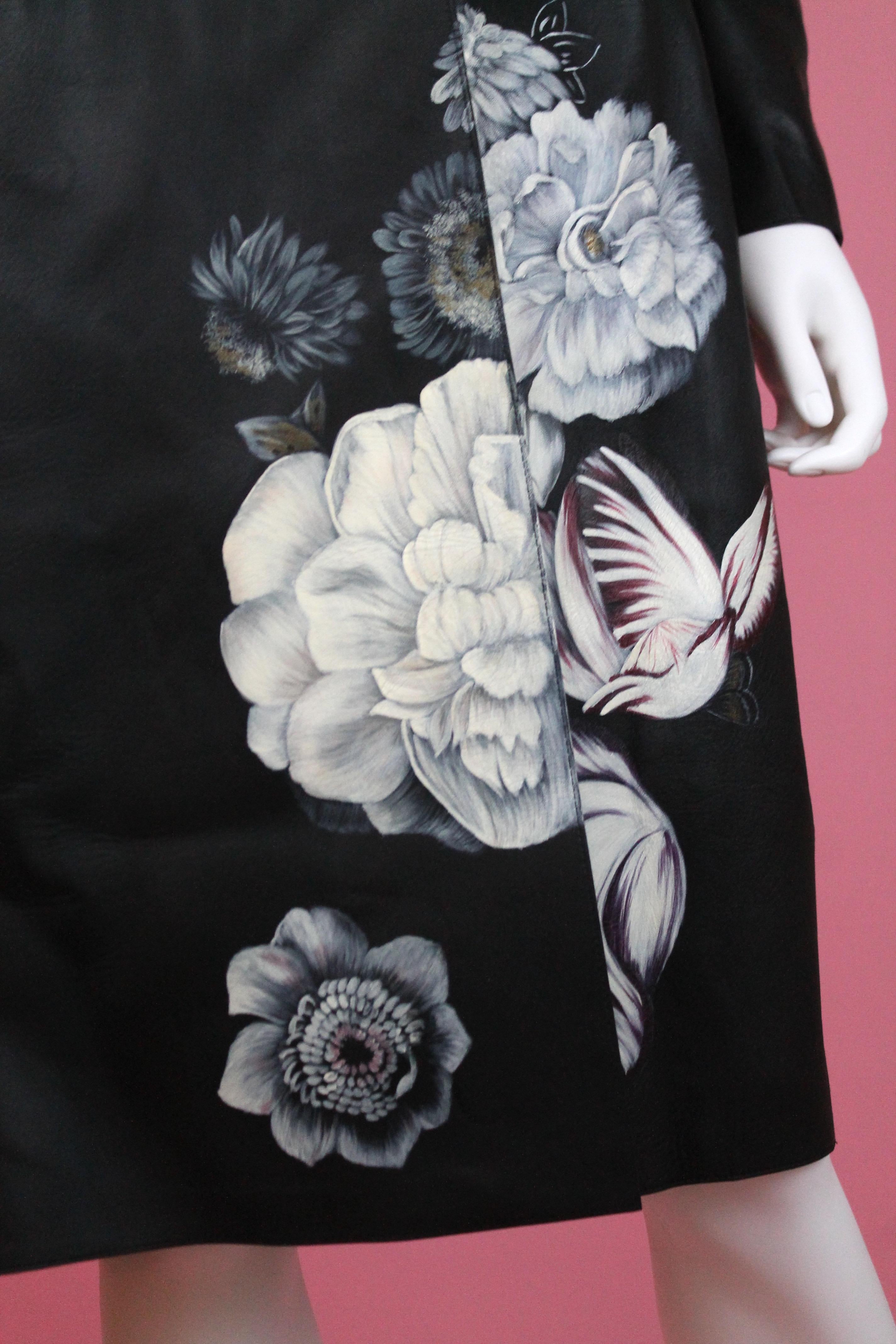 Alexander McQueen Black Lamb Leather Coat with Hand-painted Flowers, AW 16 In New Condition For Sale In Los Angeles, CA