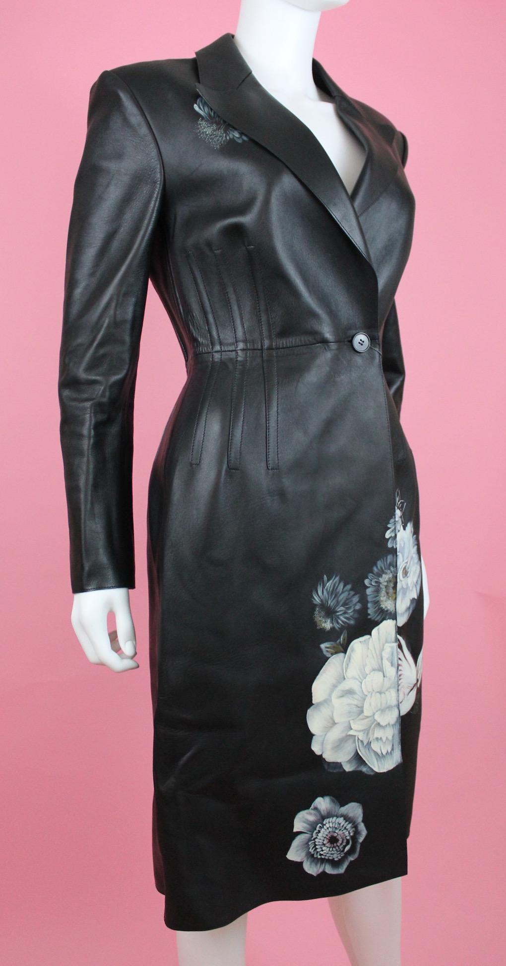 Alexander McQueen Black Lamb Leather Coat with Hand-painted Flowers, AW 16 For Sale 1