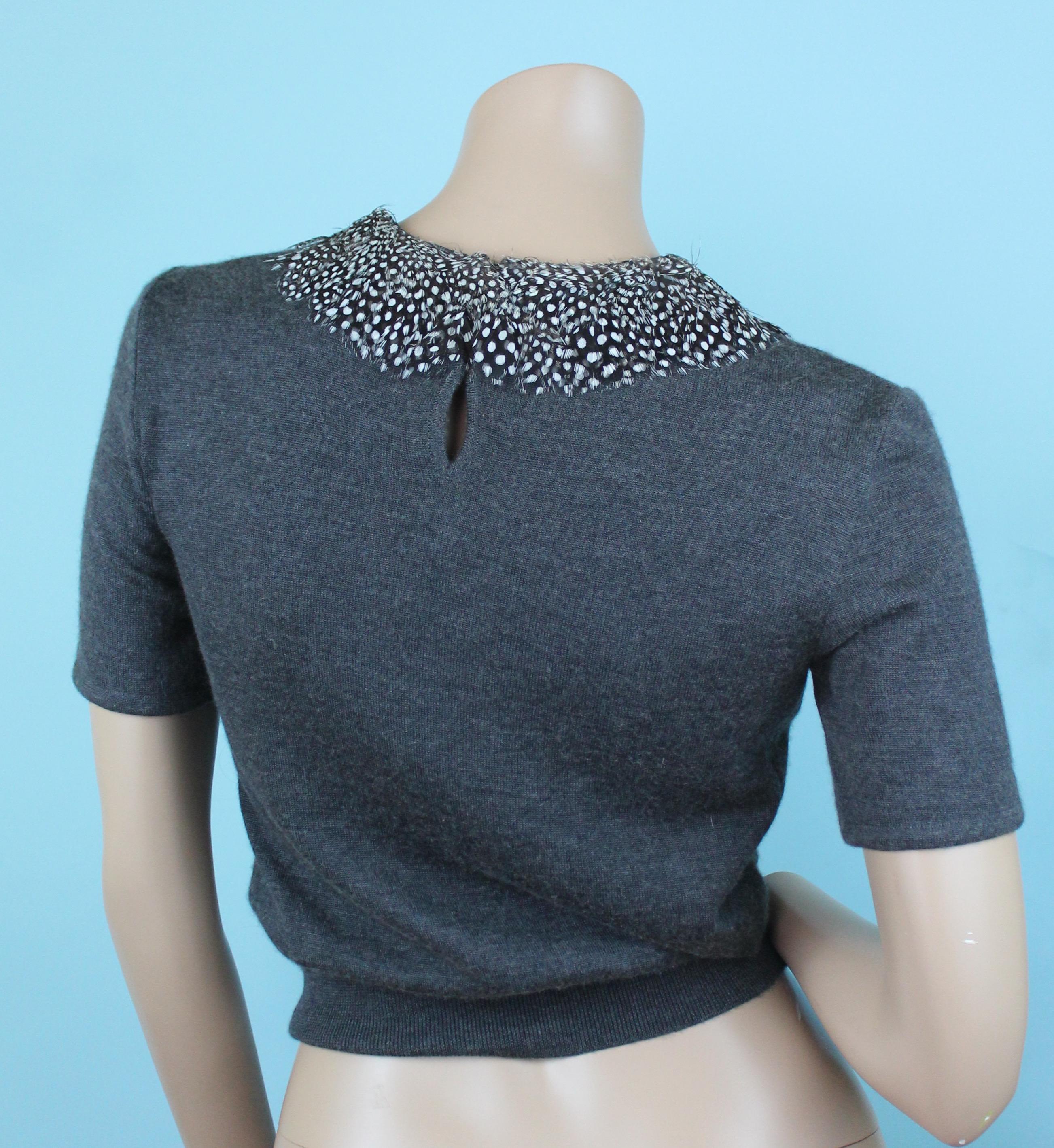 Women's Valentino Boutique Feather Collar Grey Sweater, circa 1980s  For Sale