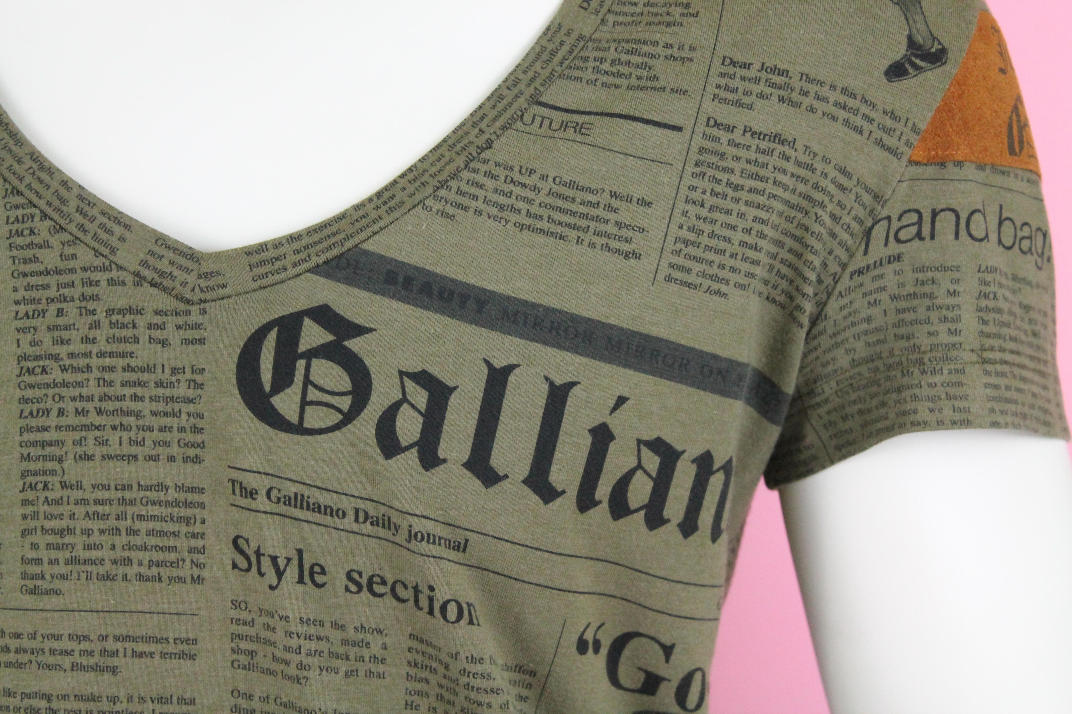 Galliano Gazette Newspaper Print Olive T-Shirt, SS2006, Size S For Sale 1