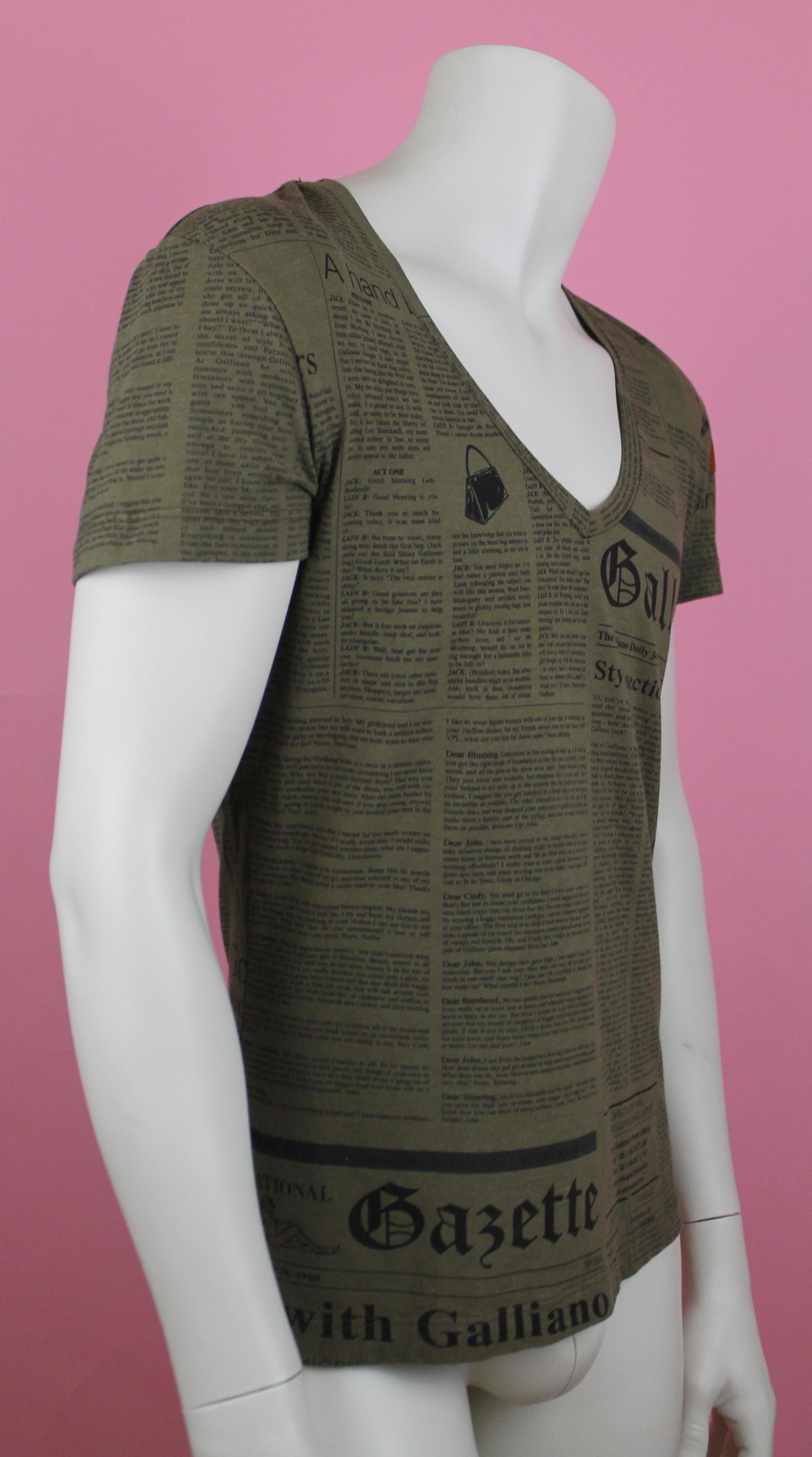 Galliano Gazette Newspaper Print Olive T-Shirt, SS2006, Size S For Sale 3