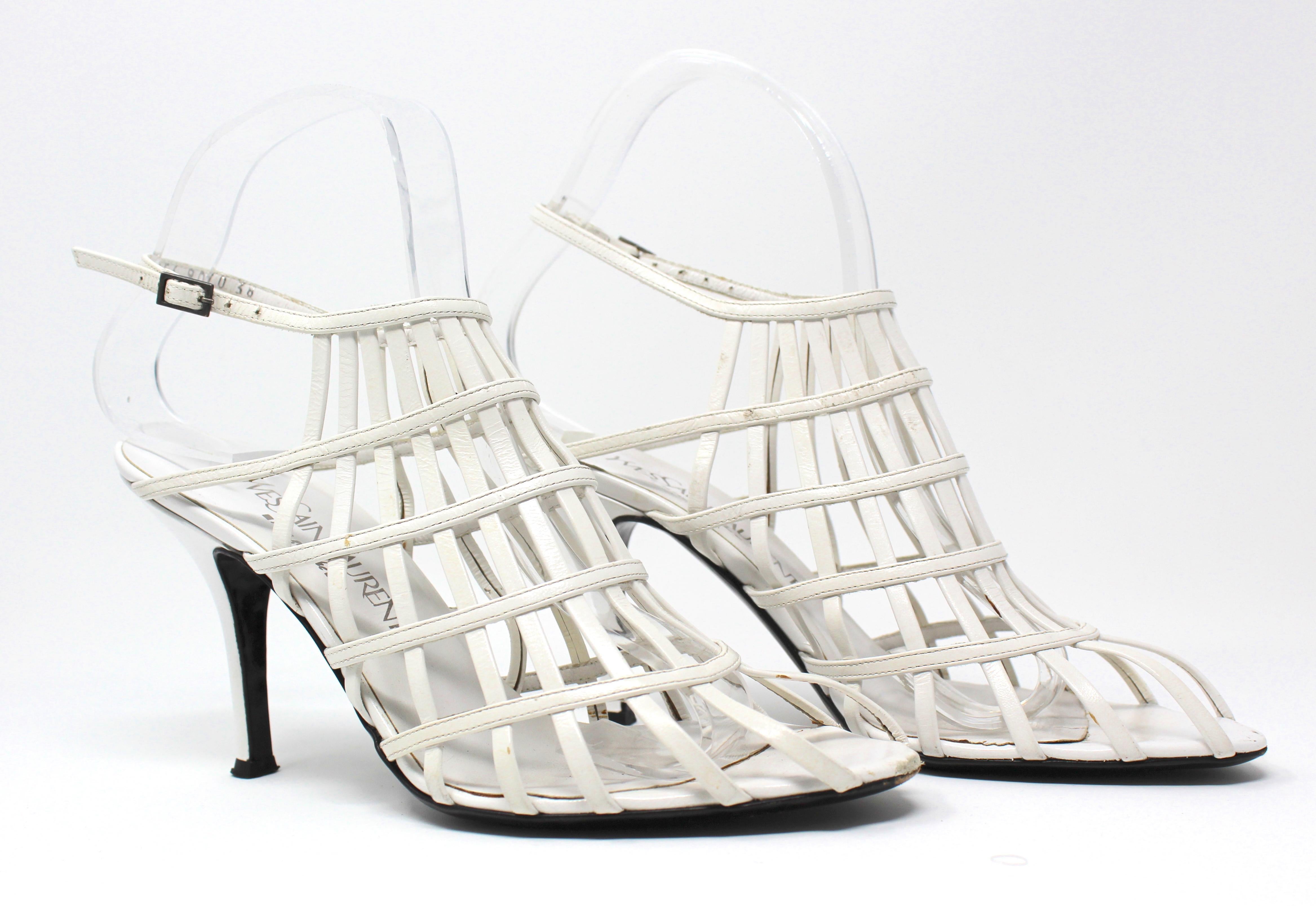 Yves Saint Laurent White Leather Strap Heels, Size 8 US / 38 EU, c. 2000's In Good Condition In Los Angeles, CA