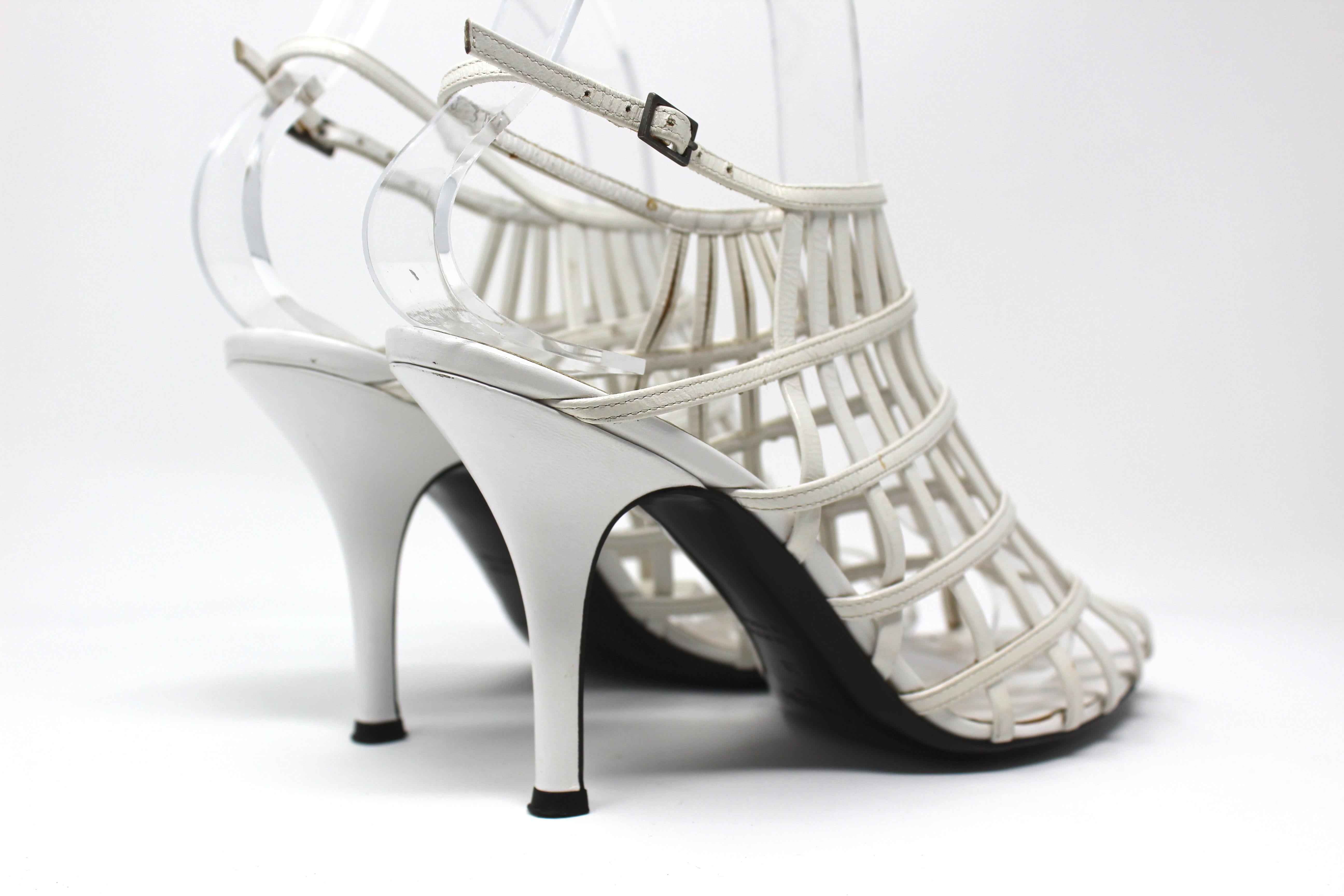 Yves Saint Laurent White Leather Strap Heels, Size 8 US / 38 EU, c. 2000's 4