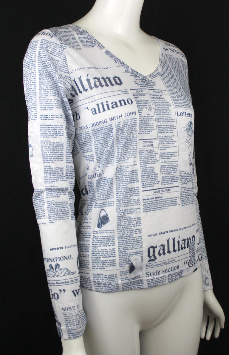 Women's or Men's John Galliano Gazette Print Long Sleeve Shirt, c. 2011, Size M For Sale