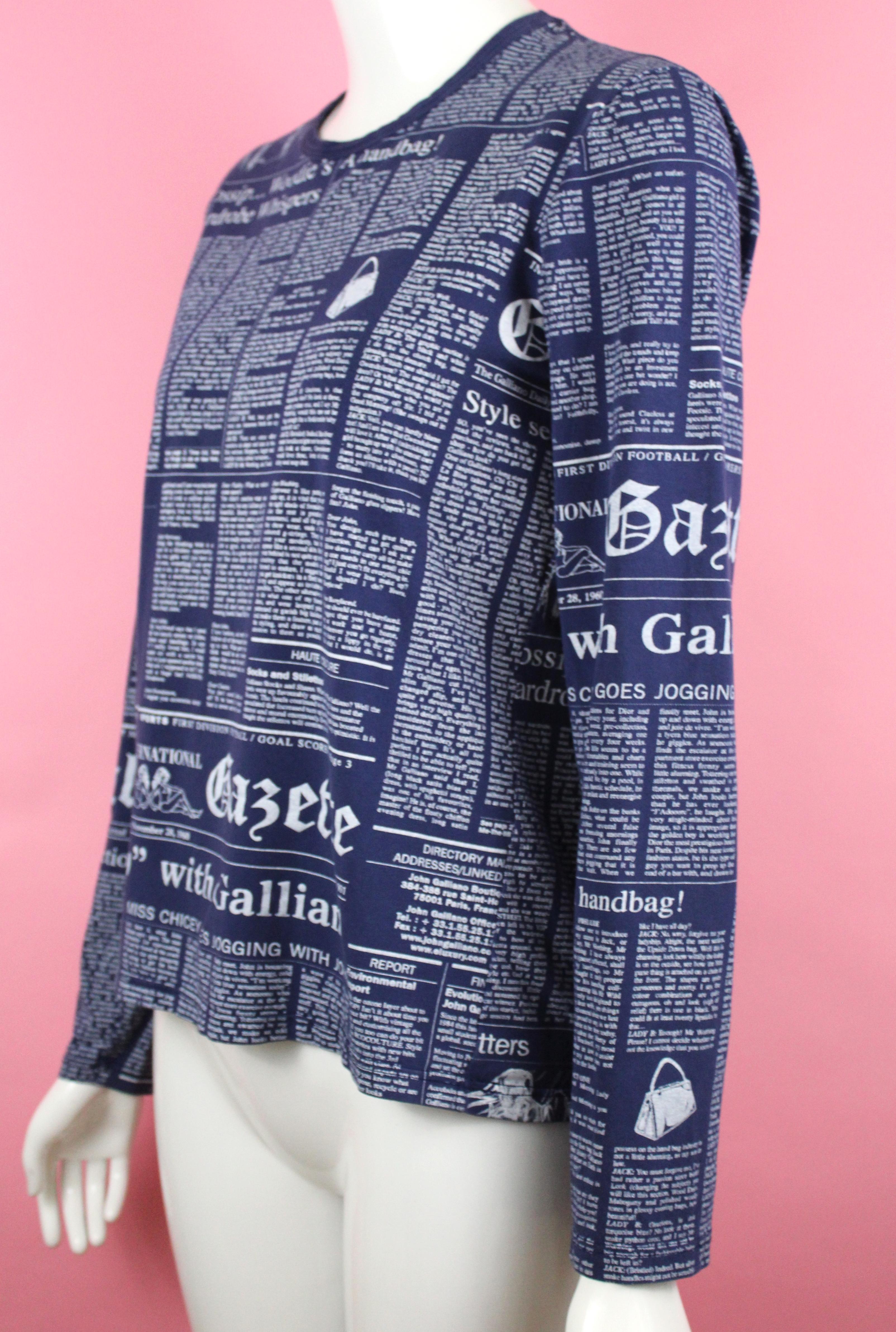 John Galliano Blue Gazette Print Long Sleeve Shirt, c. 2011, Size S In Good Condition In Los Angeles, CA