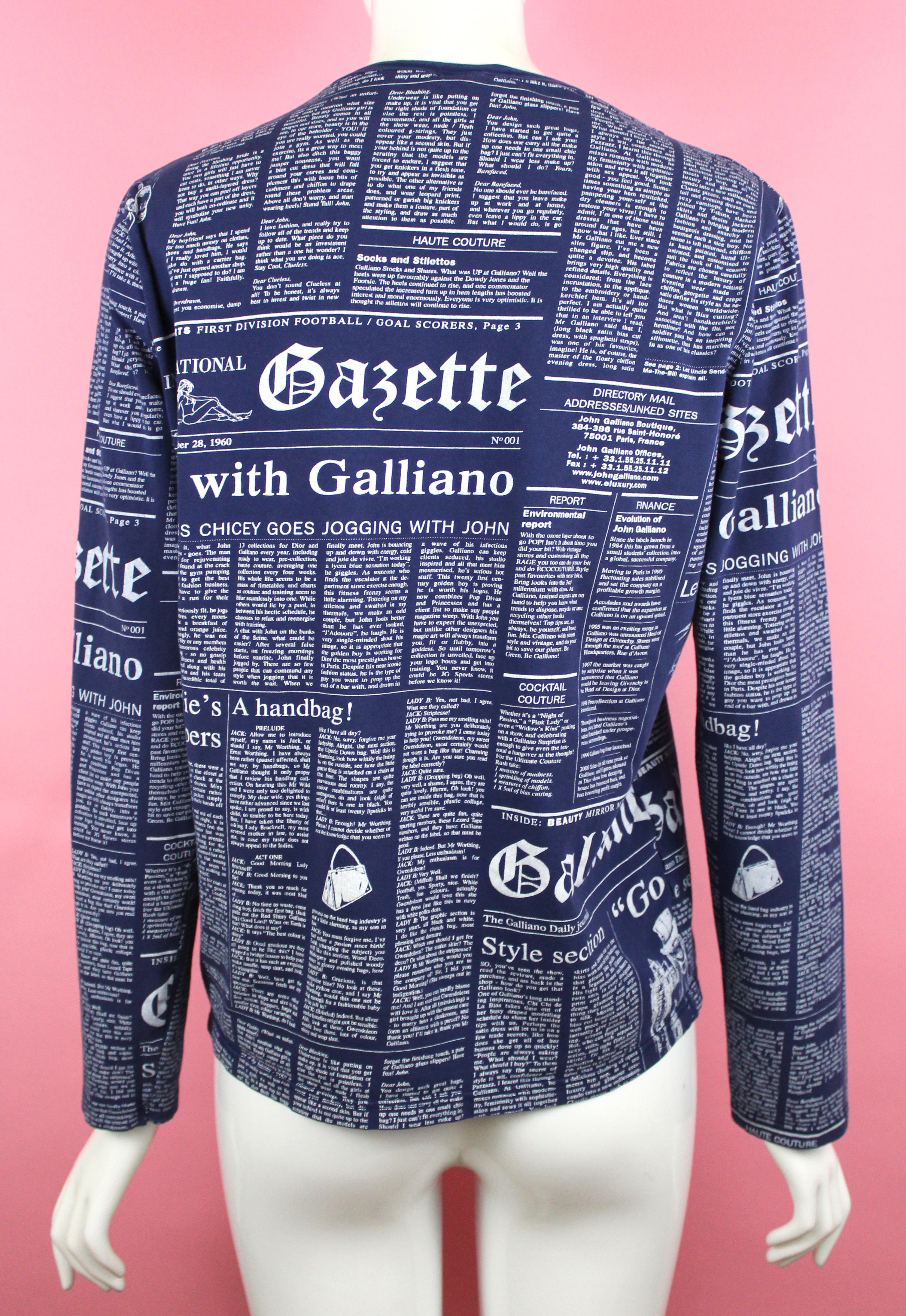 Women's or Men's John Galliano Blue Gazette Print Long Sleeve Shirt, c. 2011, Size S