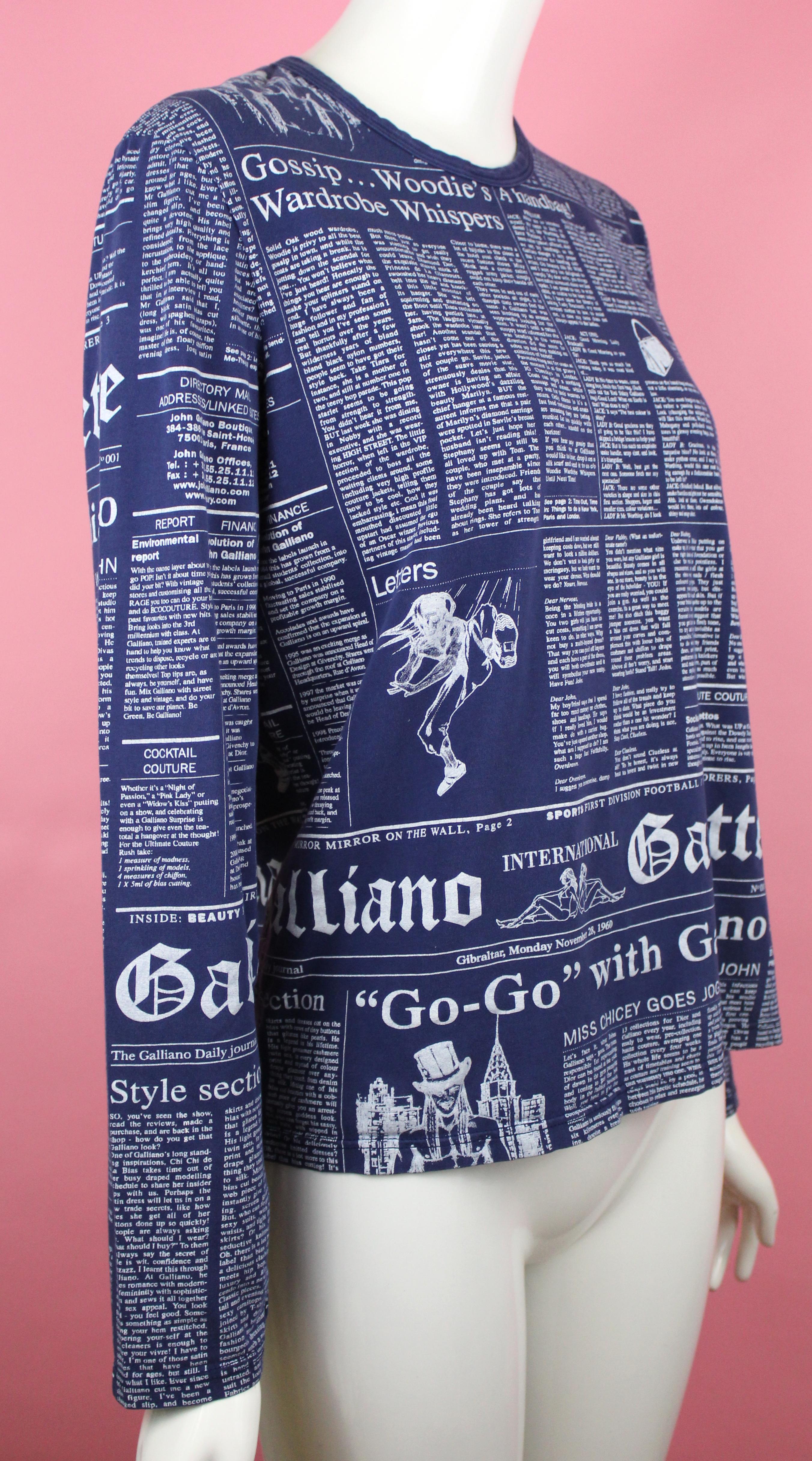 John Galliano Blue Gazette Print Long Sleeve Shirt, c. 2011, Size S 1