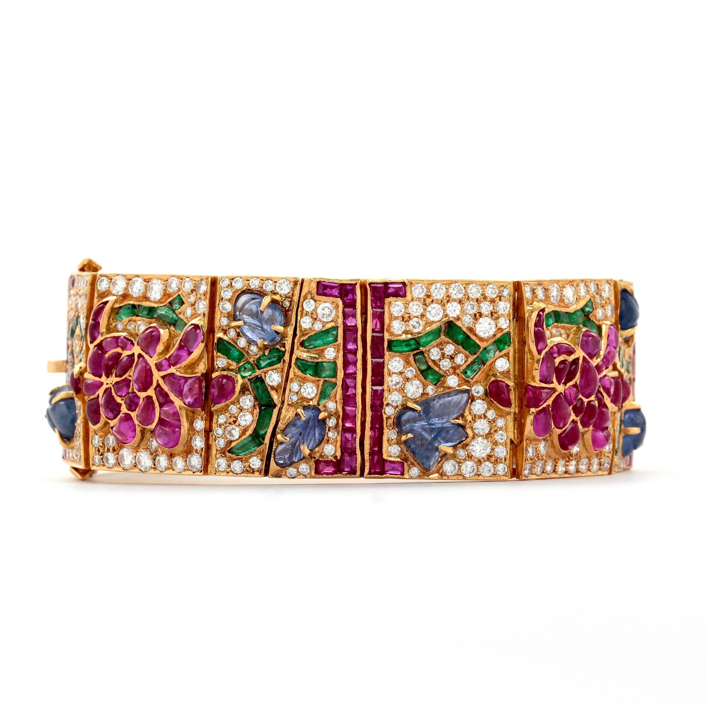 Mutli Gem Yellow Gold Bracelet with Diamonds, and Sapphires in a Flower design. For Sale 3