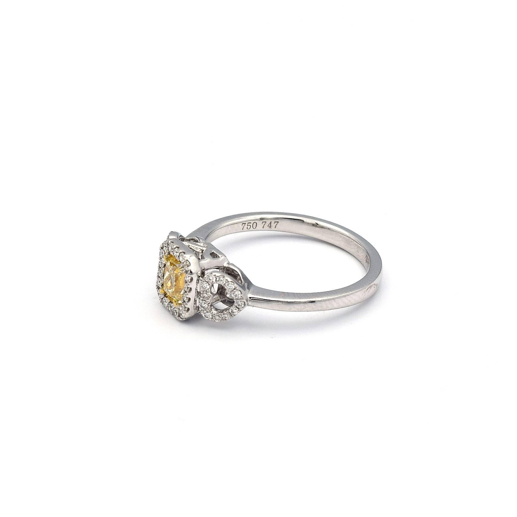 0.50ct Radiant Natural Yellow Diamond Ring with white pave diamonds in 18K  In New Condition For Sale In Los Angeles, CA