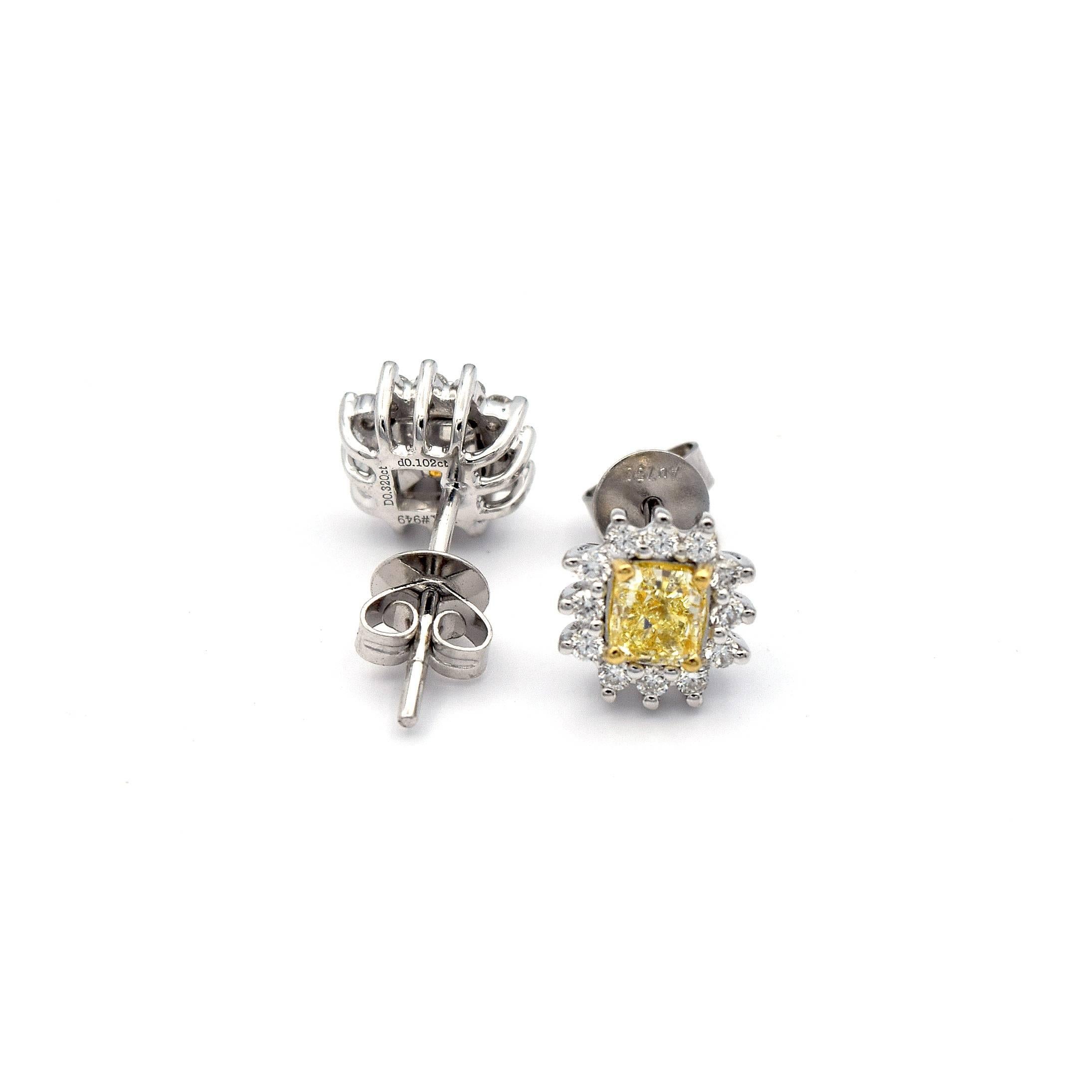 Radiant Cut .64ct Radiant Natural Yellow Diamonds Stud Earrings 18K White Gold For Sale
