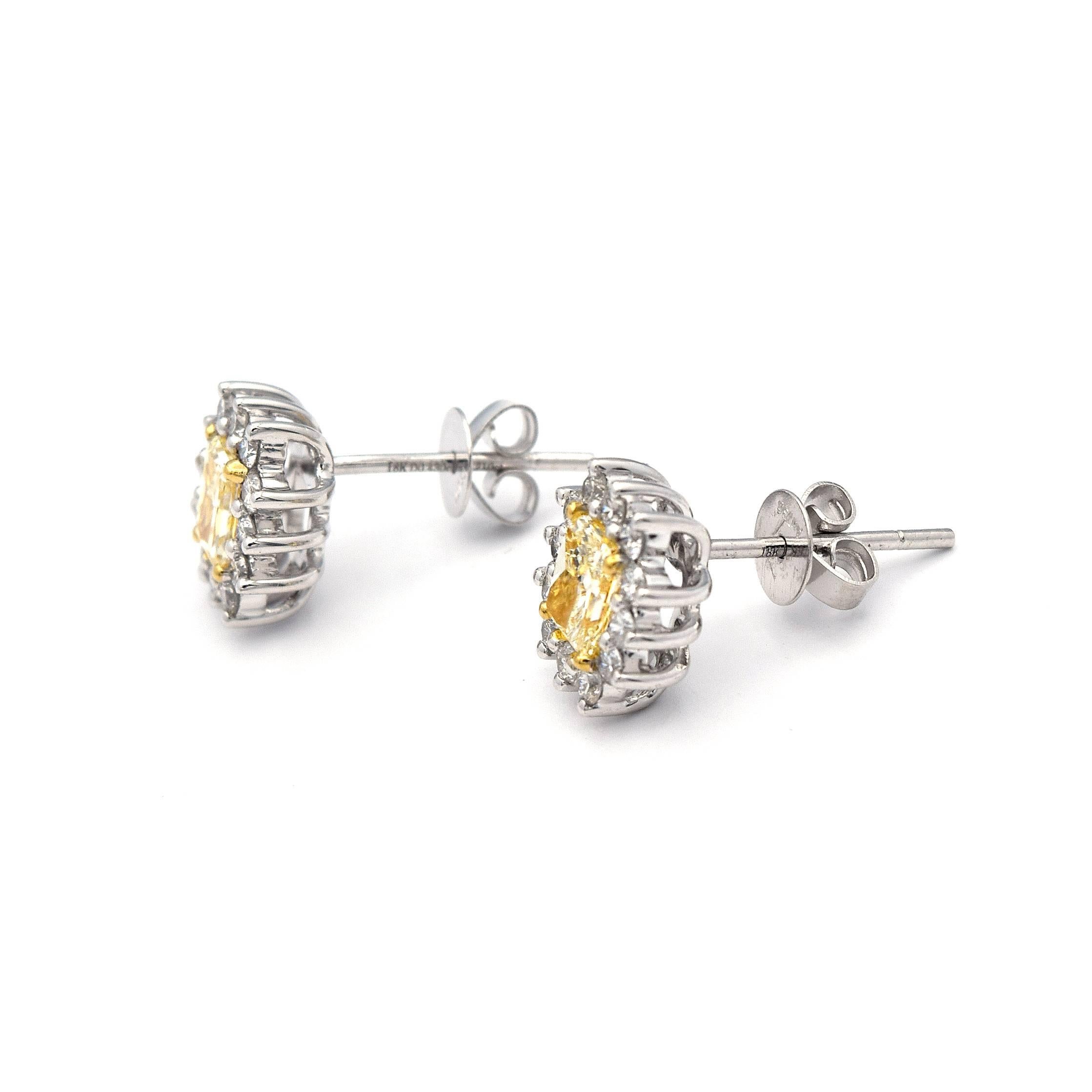 Radiant Cut 0.86ct Radiant Fancy Yellow Diamond Stud Earrings in 18K White Gold