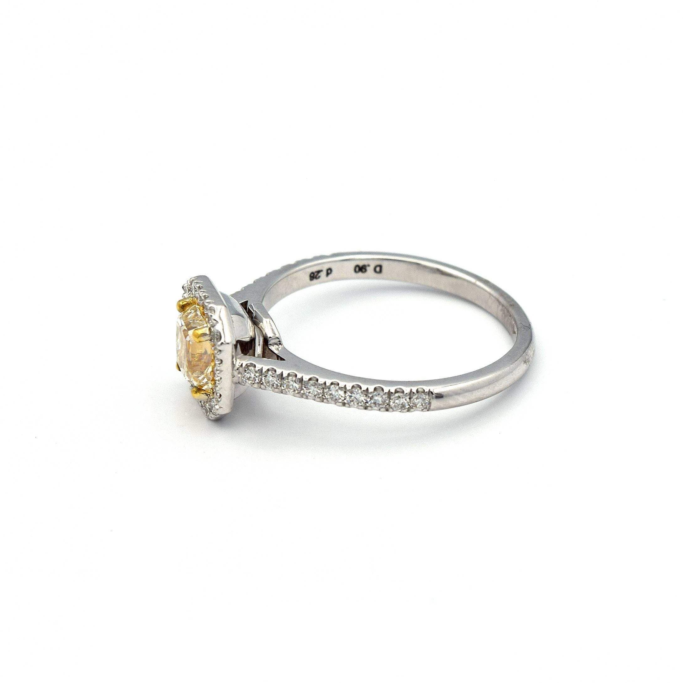 Radiant Cut 0.90ct Radiant Natural Yellow Diamond Ring with White Pave Diamonds in 14k WG  For Sale