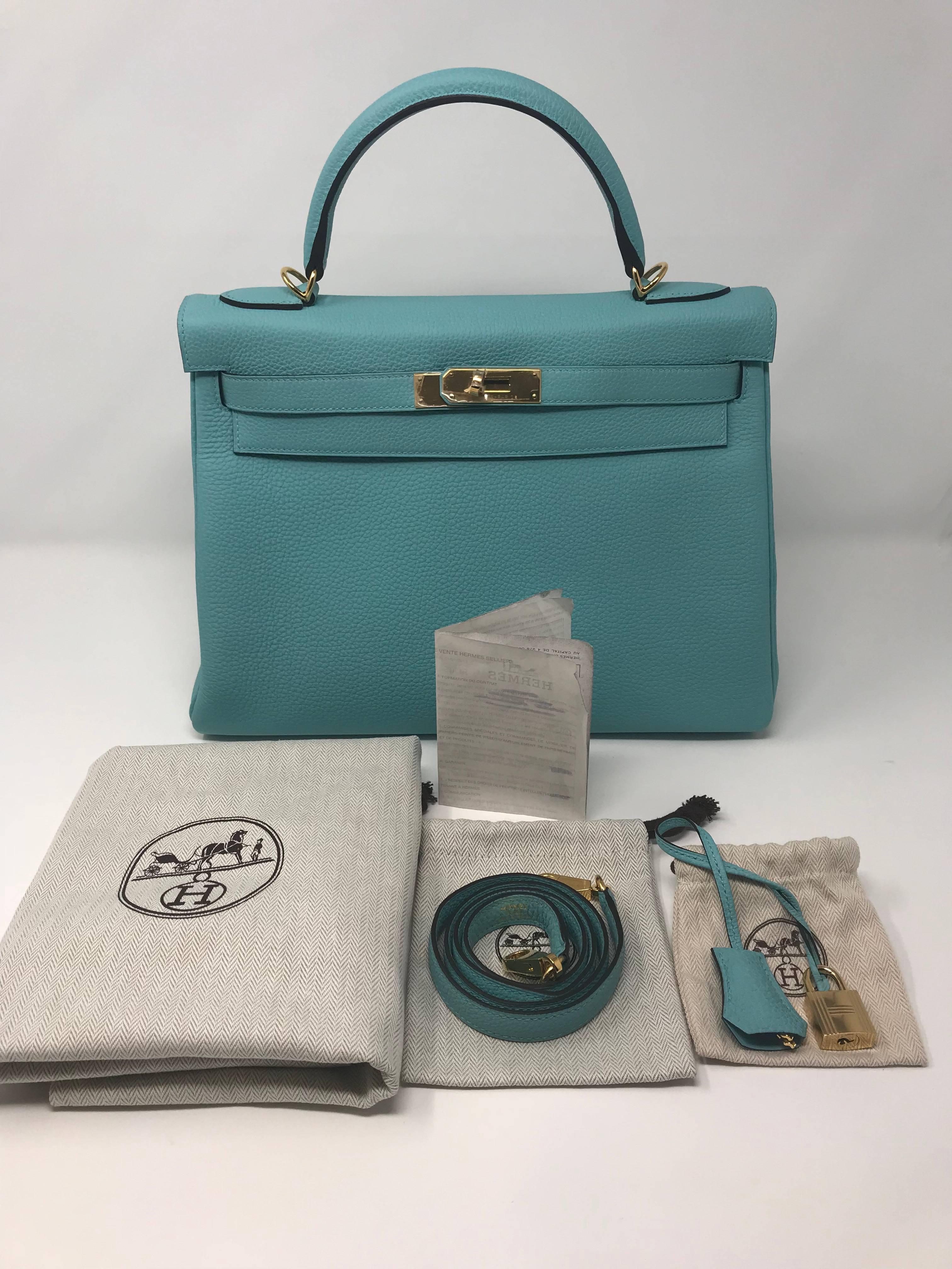 Hermes Kelly 32cm Blue Atoll Bag For Sale 4