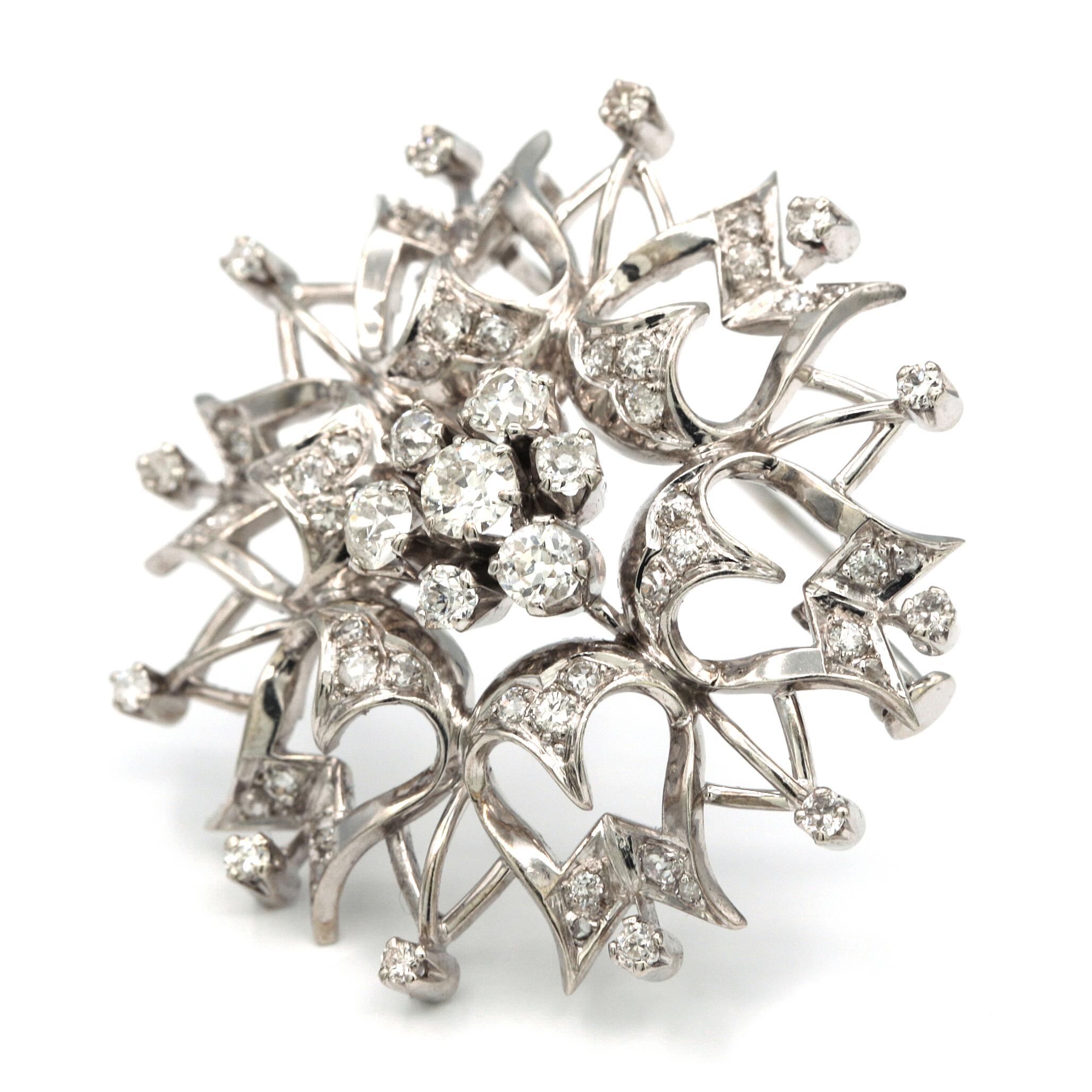 Round Cut 14K White Gold Flower Diamond Brooch / Pin  For Sale