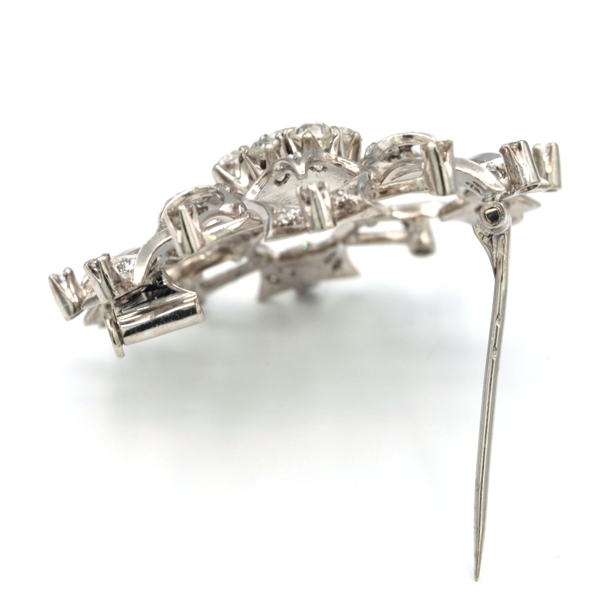Women's or Men's 14K White Gold Flower Diamond Brooch / Pin  For Sale
