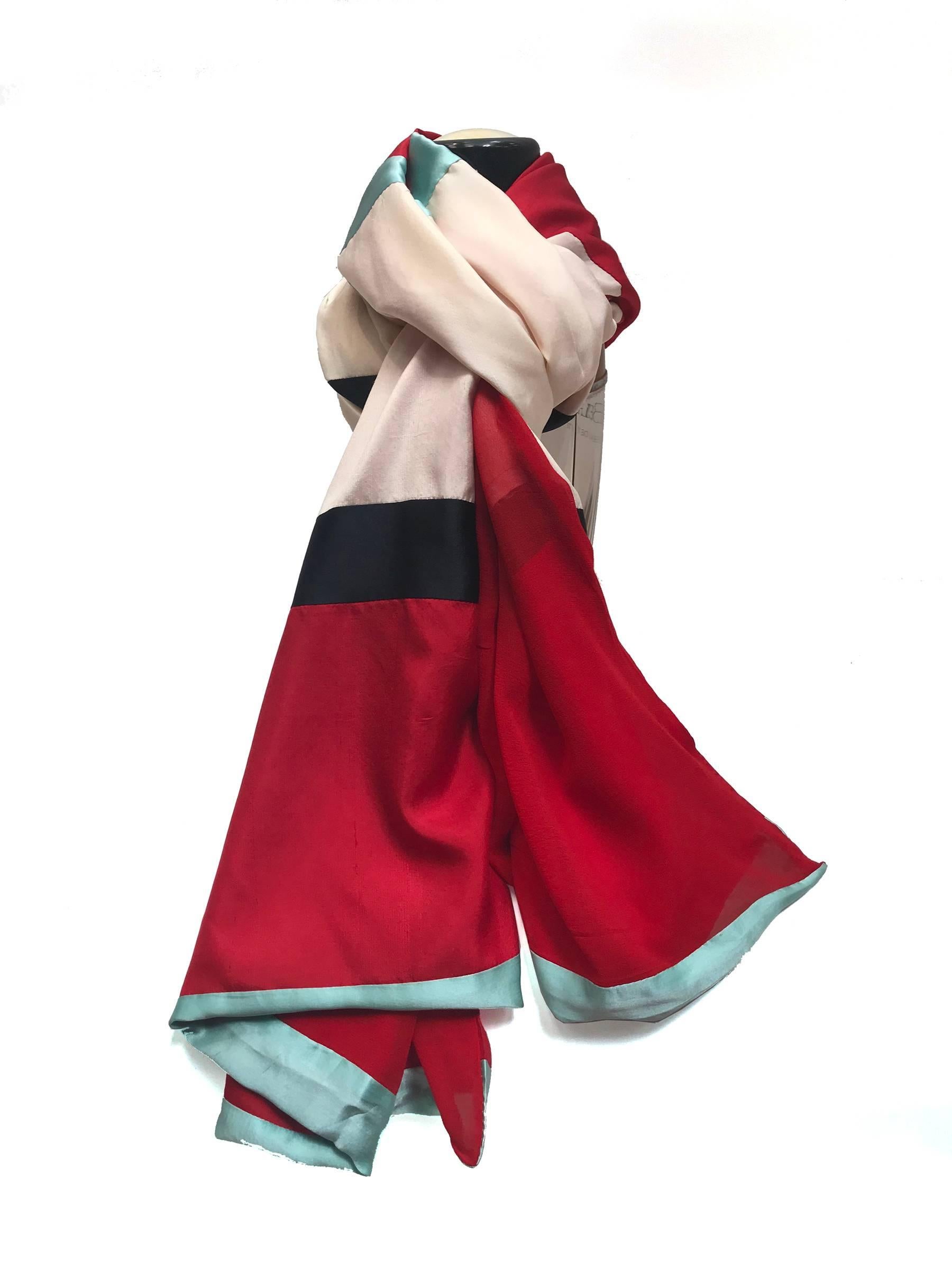 Large silk patch work scarf in black, cream. red and mint green.