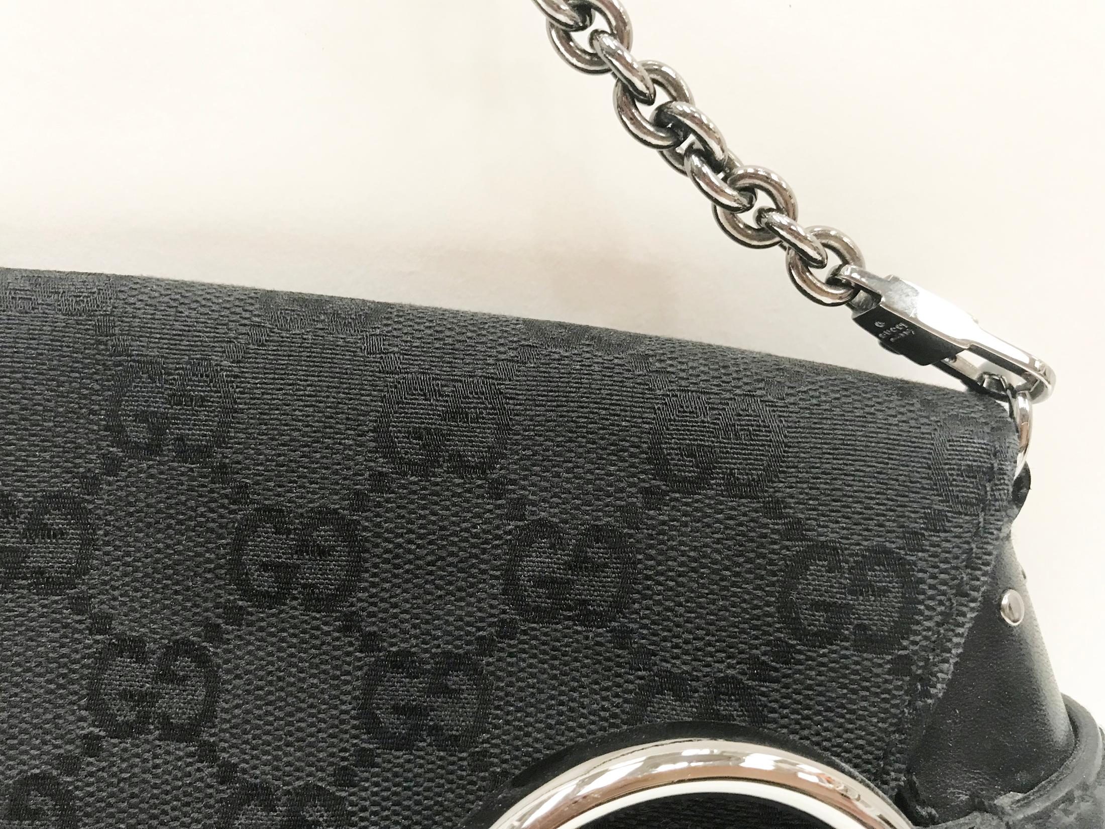Gucci black canvas monogram horsebit clutch bag For Sale 4