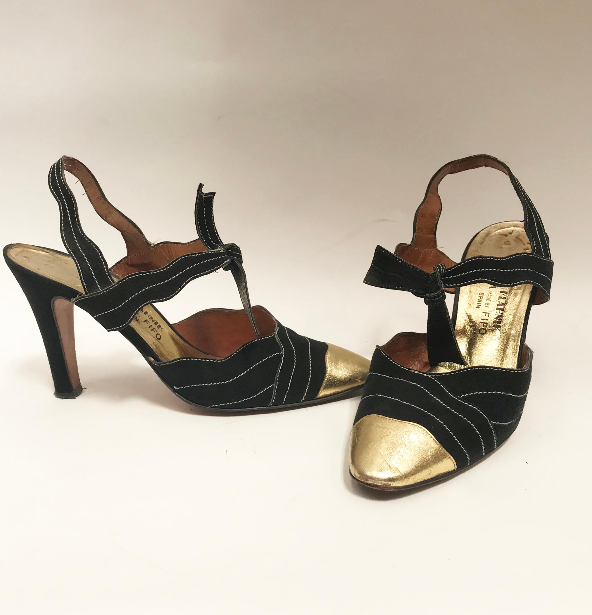Black 1970's Manolo Blahnik Suede and Gold leather night shoes.