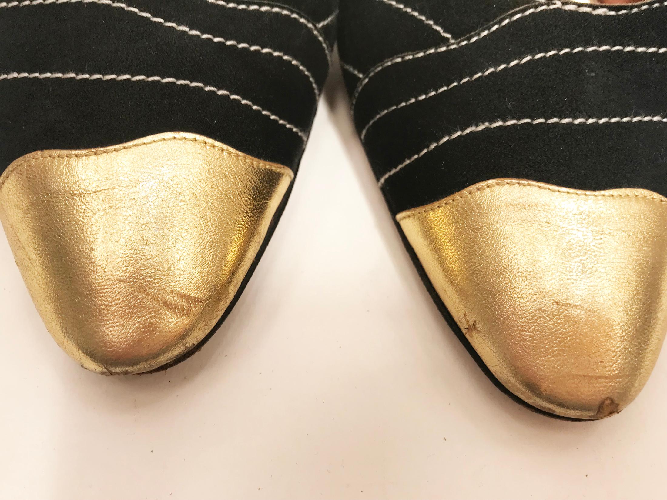 1970's Manolo Blahnik Suede and Gold leather night shoes. 3