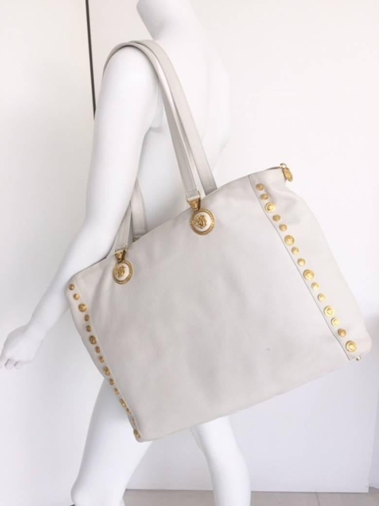 Women's Gianni Versace Couture White Leather Crossbody Bag w / Gold Toned Medusa,  1990s