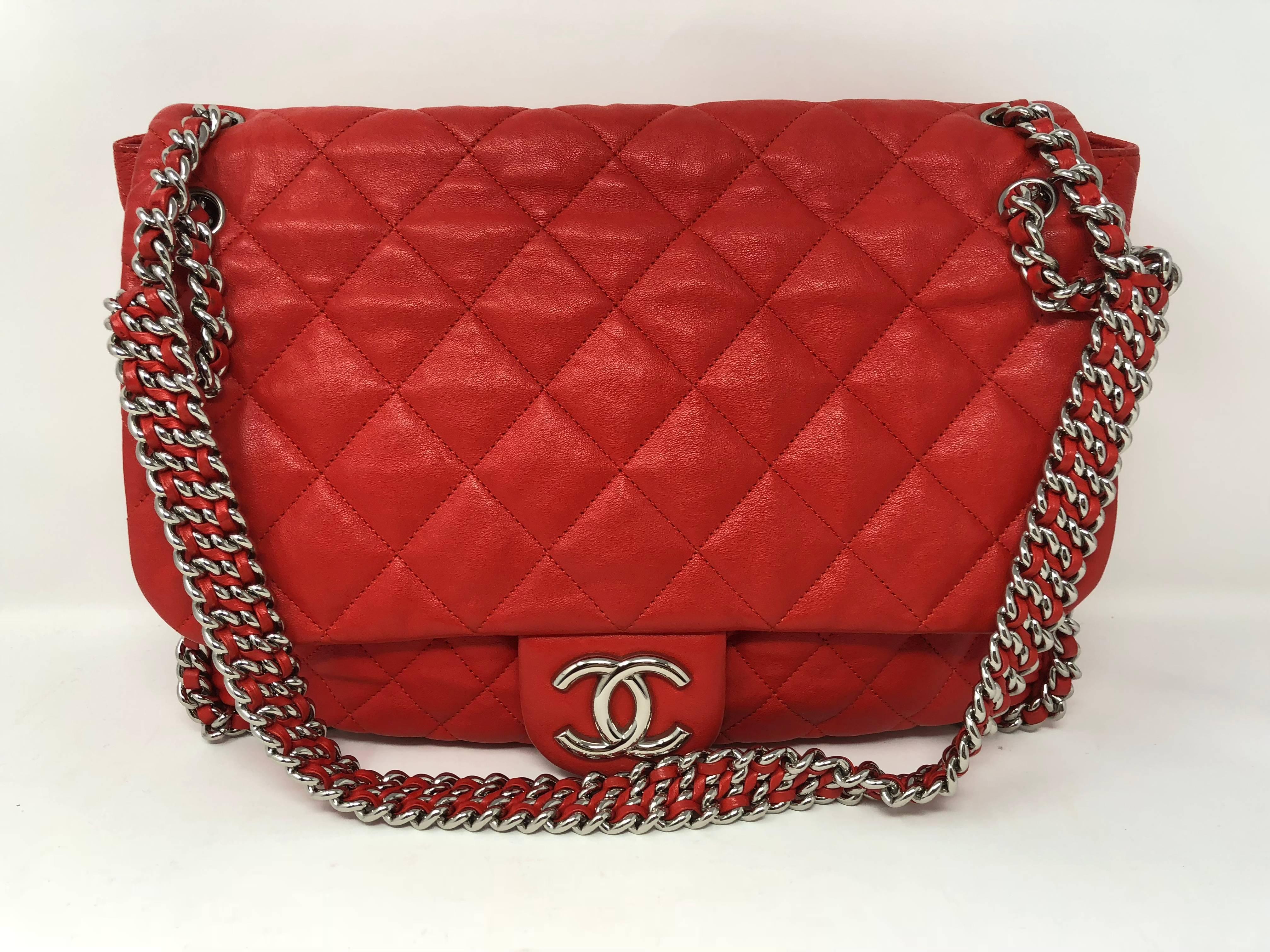 Chanel Red Leather Chain Around Bag with silver hardware. Maxi Chain Around Flap shoulder bag has a double chain strap. 