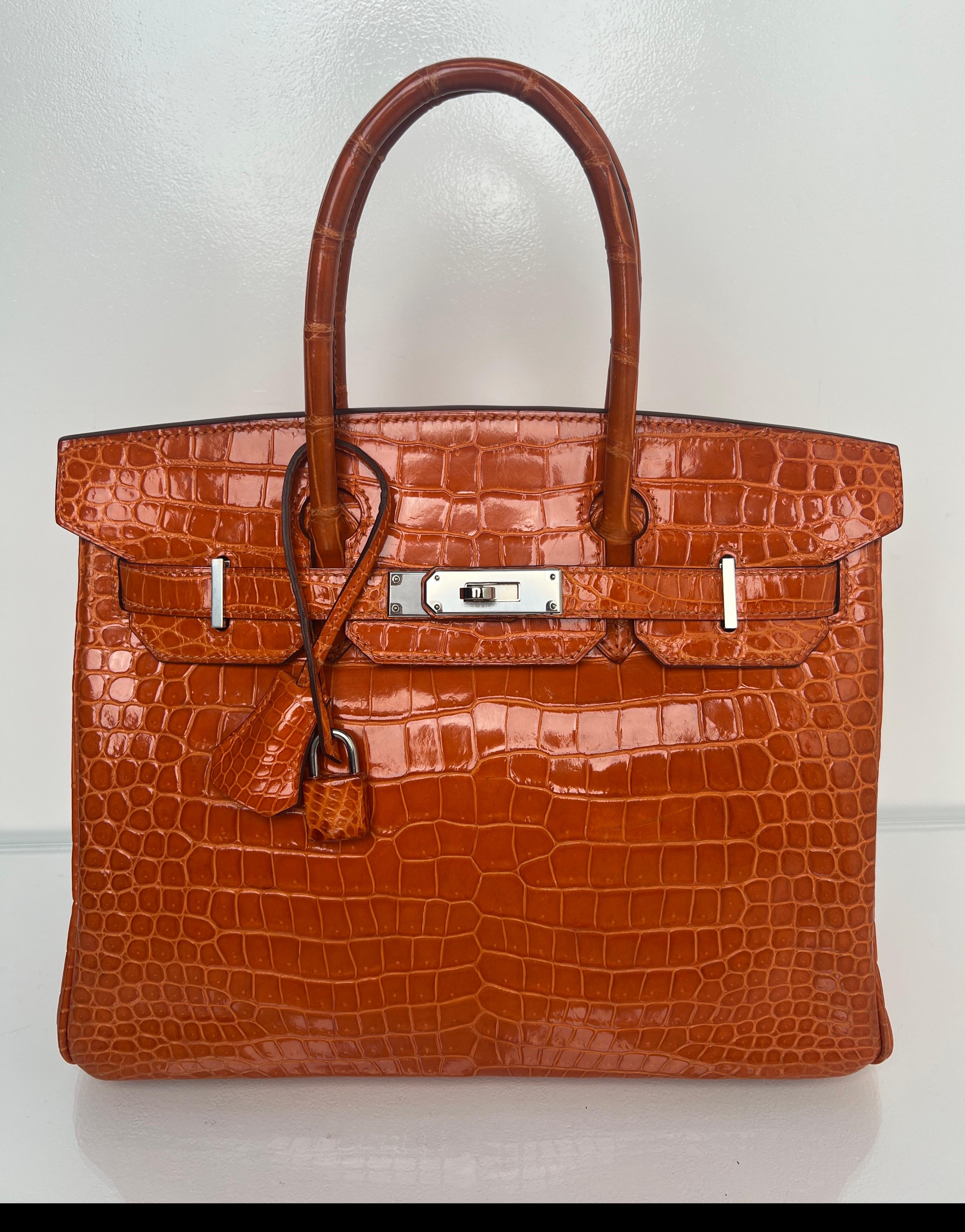 Hermes Sac Birkin 30 en crocodile orange brillant en vente 13