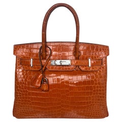 Hermes Shiny Orange Crocodile Birkin 30 Bag