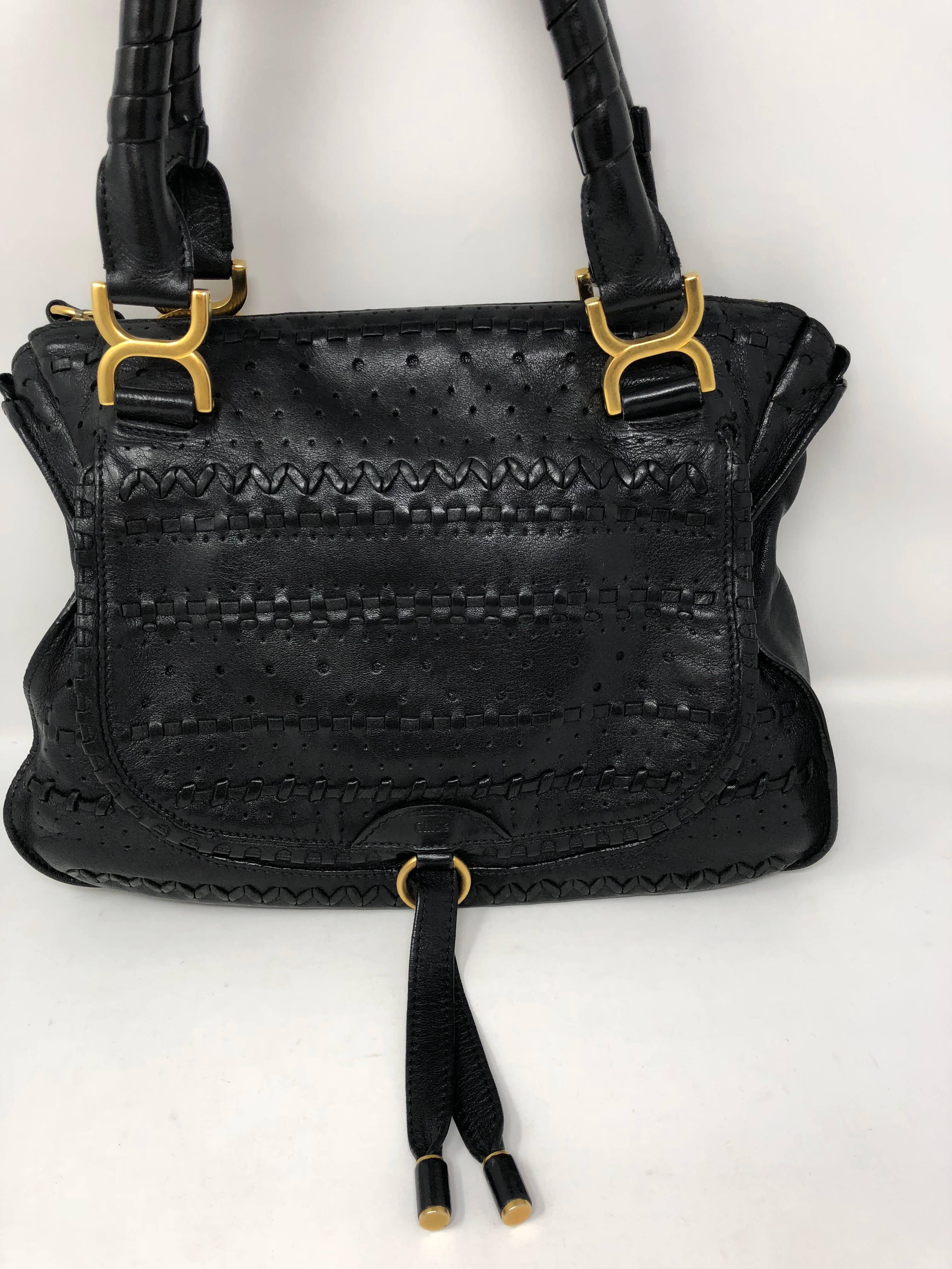 Chloe Embroidered Marcie Black Hobo Bag. Beautiful and soft lambskin leather with special embroidery finish. A unique style bag. 