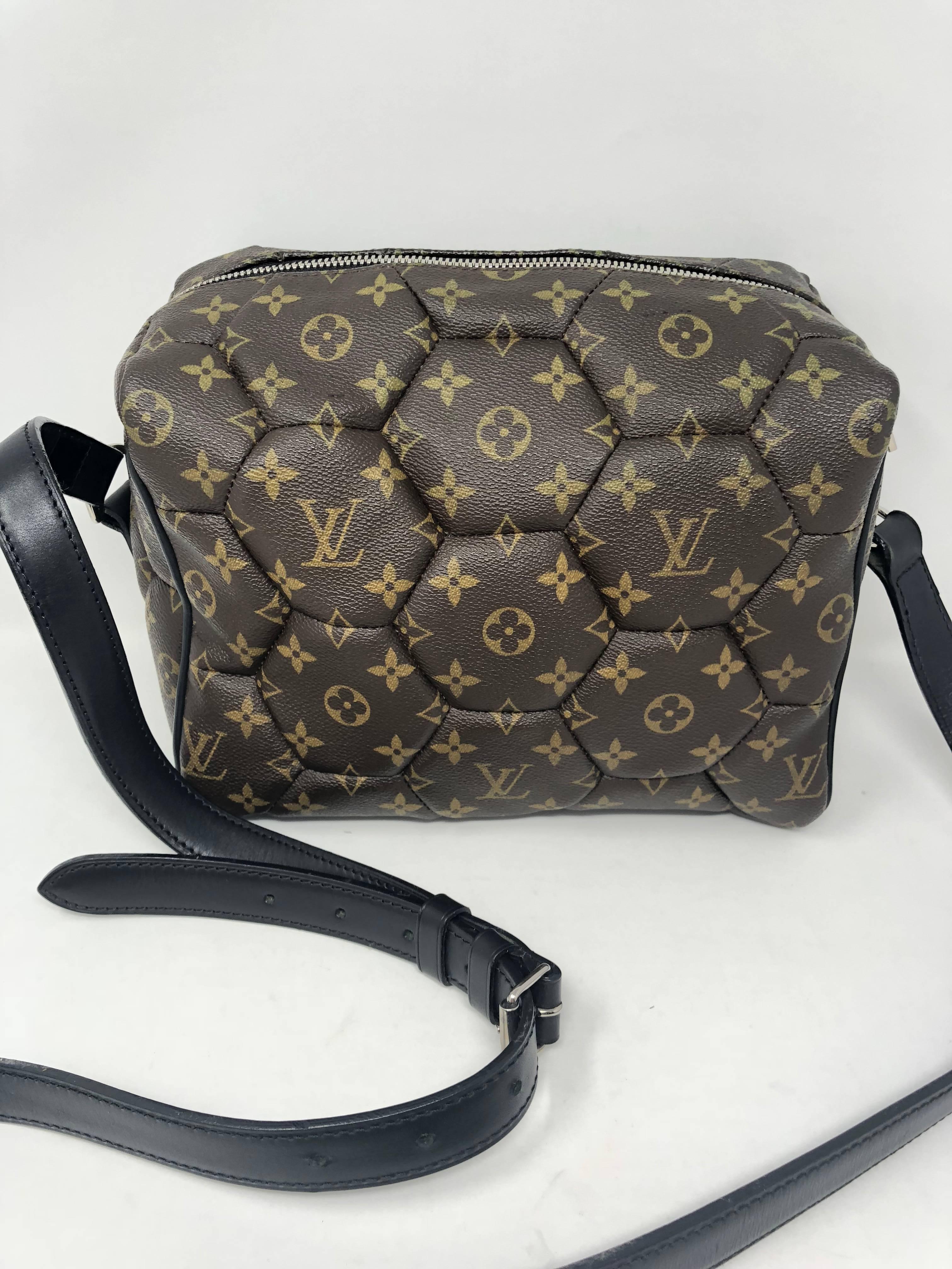 Louis Vuitton Monogram Macassar Hexagon Neo Trocadero Crossbody Bag. Individual pieces handstitched to create soccer ball effect. Rare and limited edition that can be used as luggage or as a messenger bag. All leather interior. From 2009 collection.