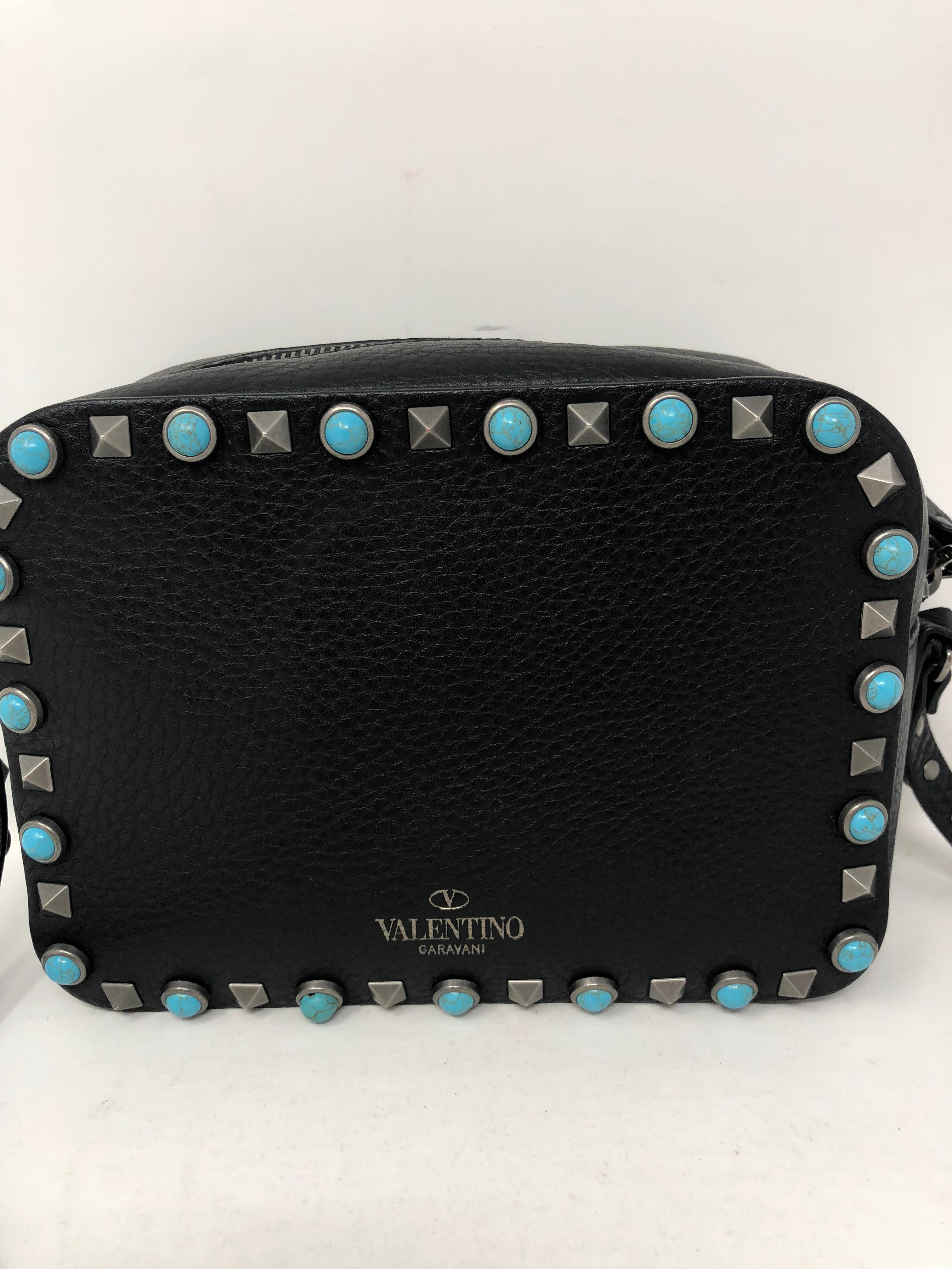 Valentino Black Pebbled Leather Rockstud Turqoise Stone Crossbody. Brand new. Guaranteed authentic. 