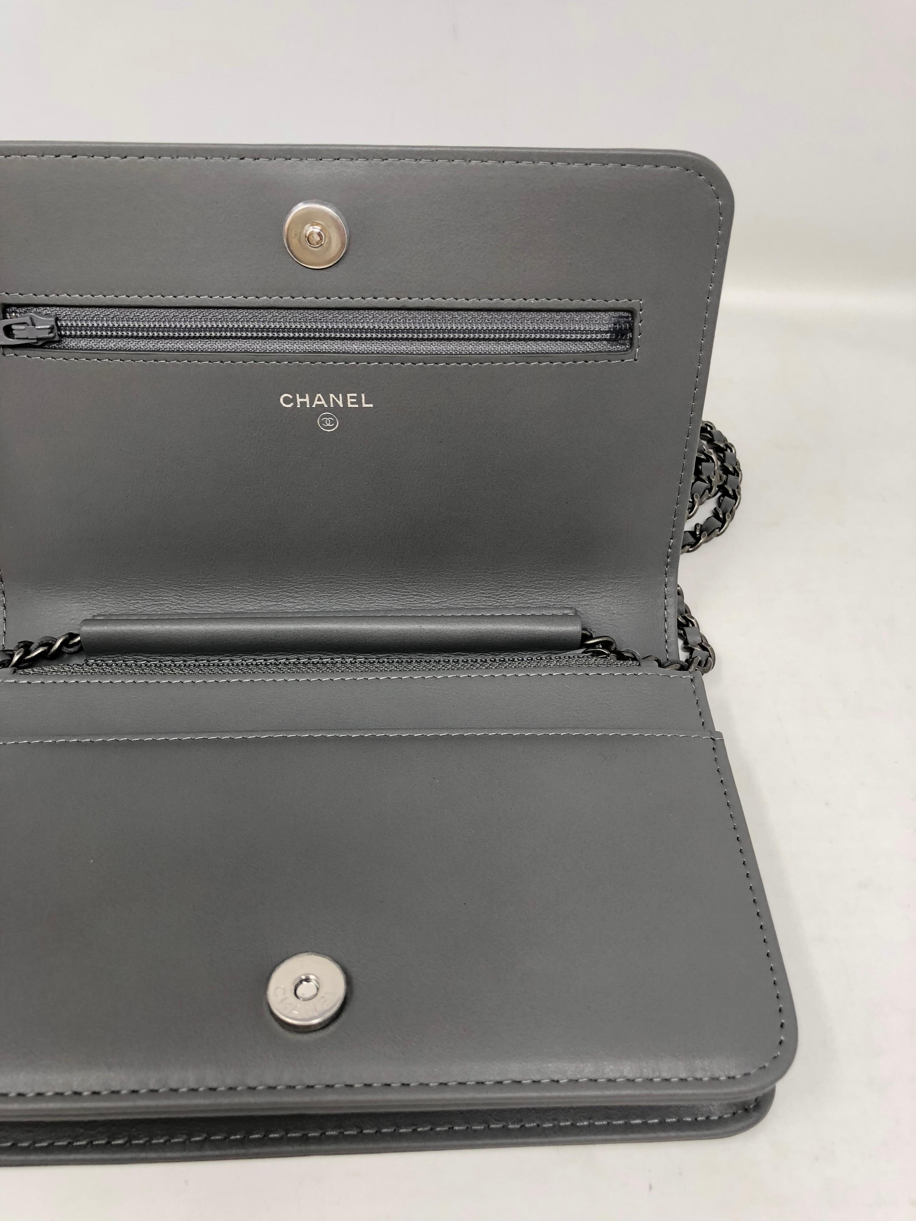 Chanel Grey Boy Wallet On A Chain Crossbody In New Condition In Athens, GA