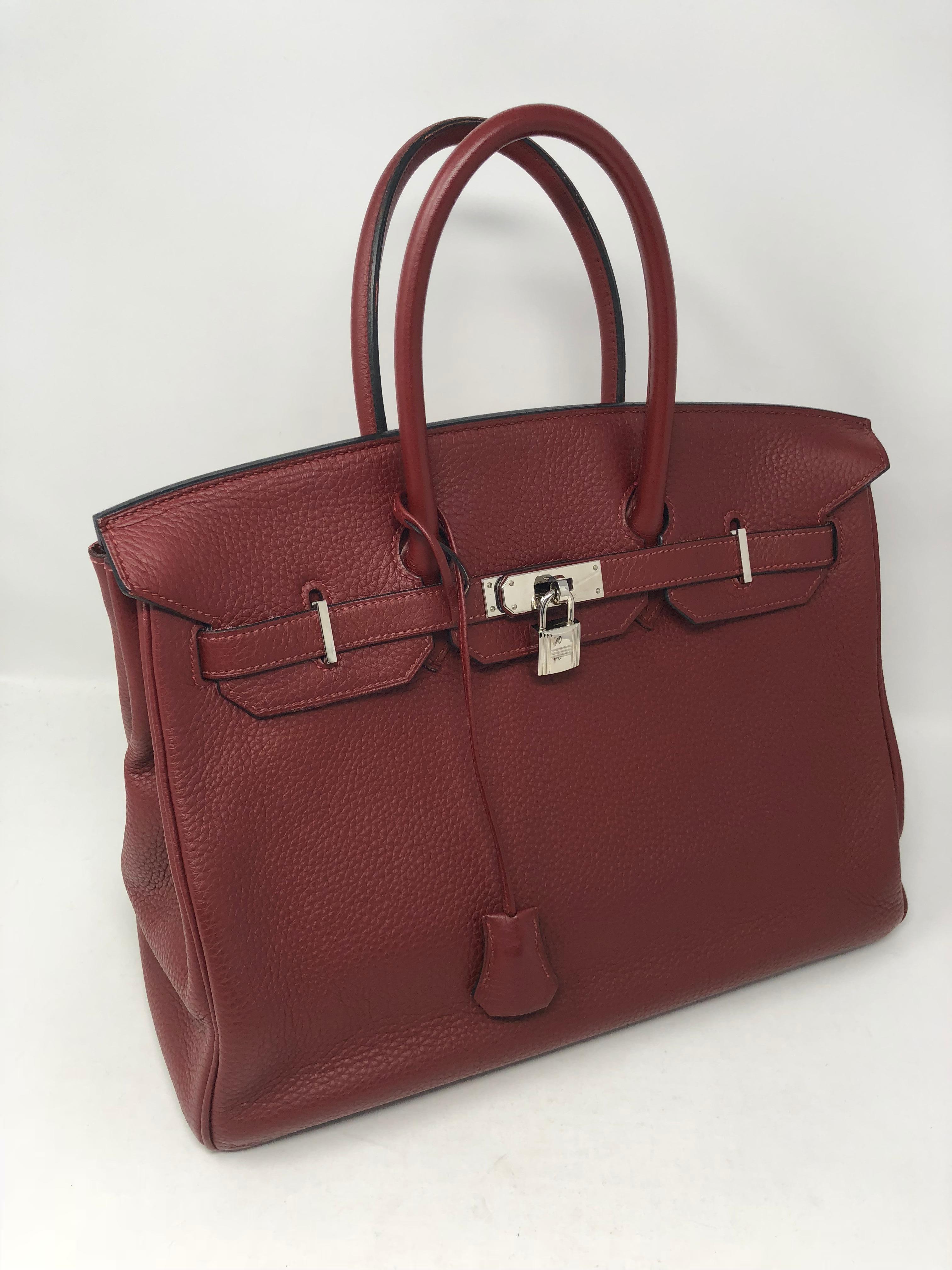 Hermes Birkin 35 in Burgundy color from 2008 L square.  Palladium hardware in good condition. Comes with lock, clochette, and keys. Deep burgundy color that is a neutral compliment to most outfits. Guaranteed authentic. 