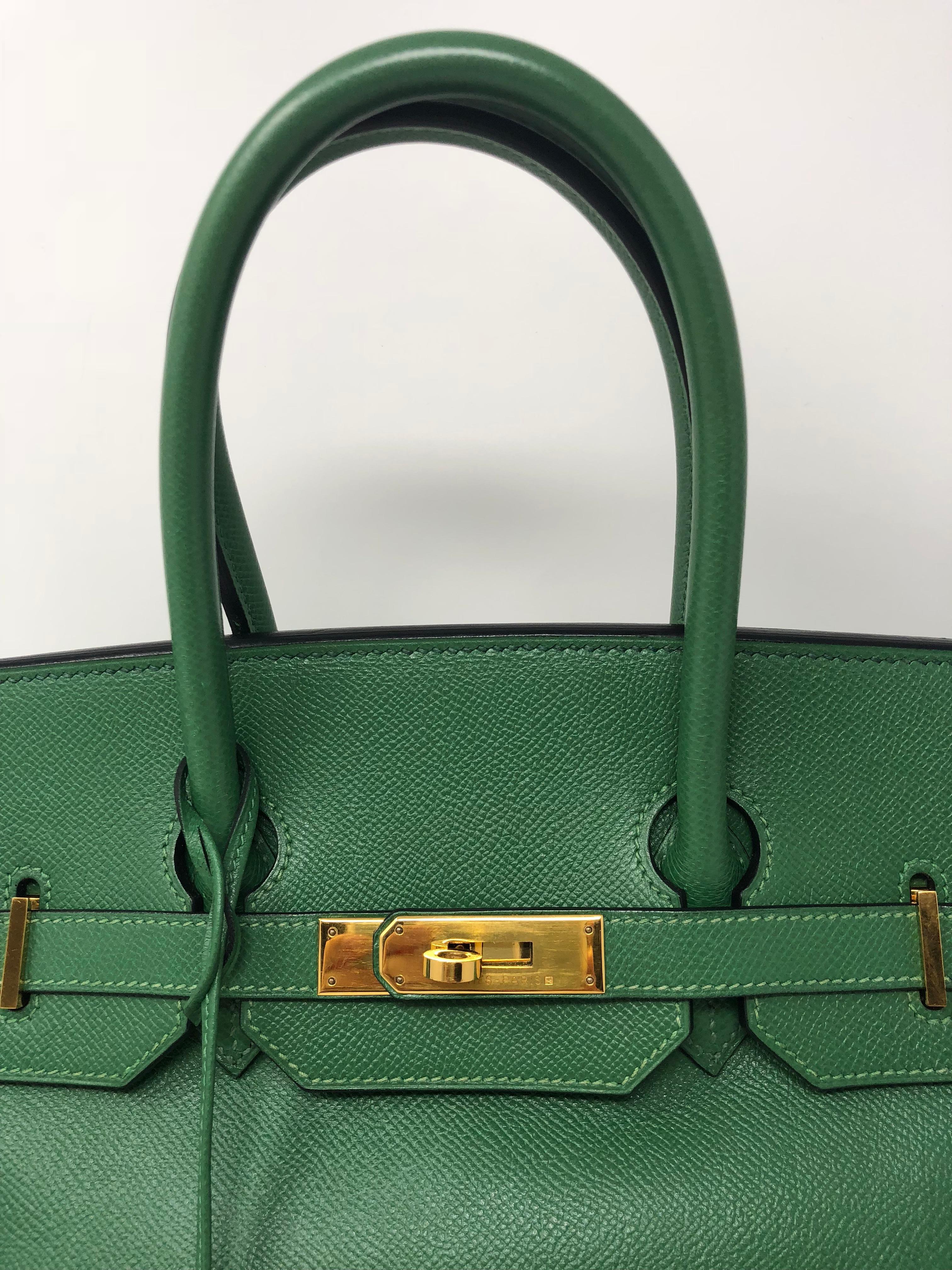 Blue Hermes Emerald Green courchevel leather Gold hardware Birkin 35 Bag